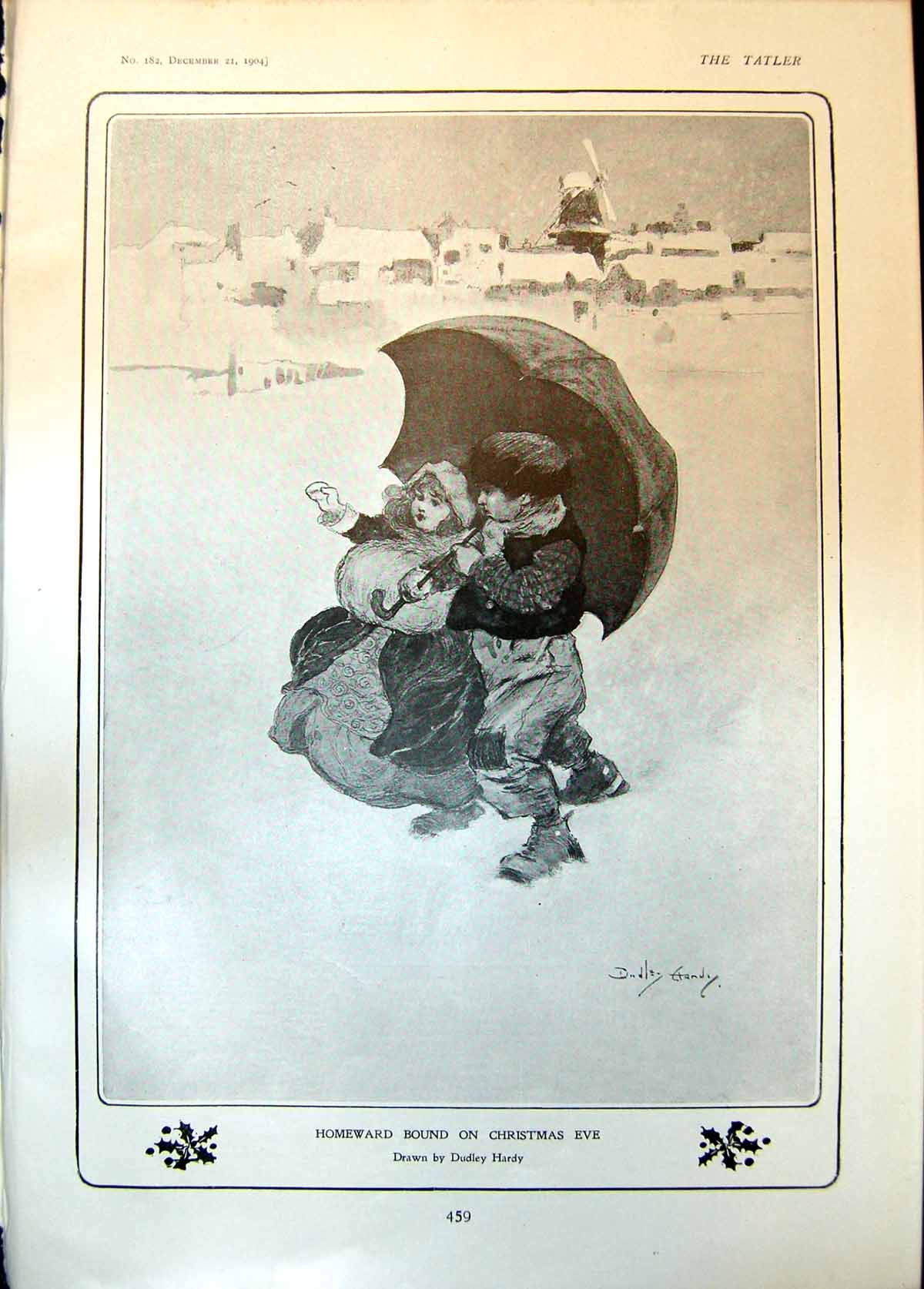 Antique Print Homeward Bound Christmas Eve Dudley Hardy Snow Umbrella 1904 20th