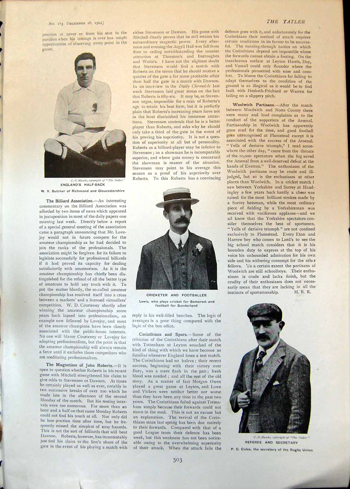 Old Print W Butcher Footballer Lewis Cricket Football P Coles Rugby 1904 20th