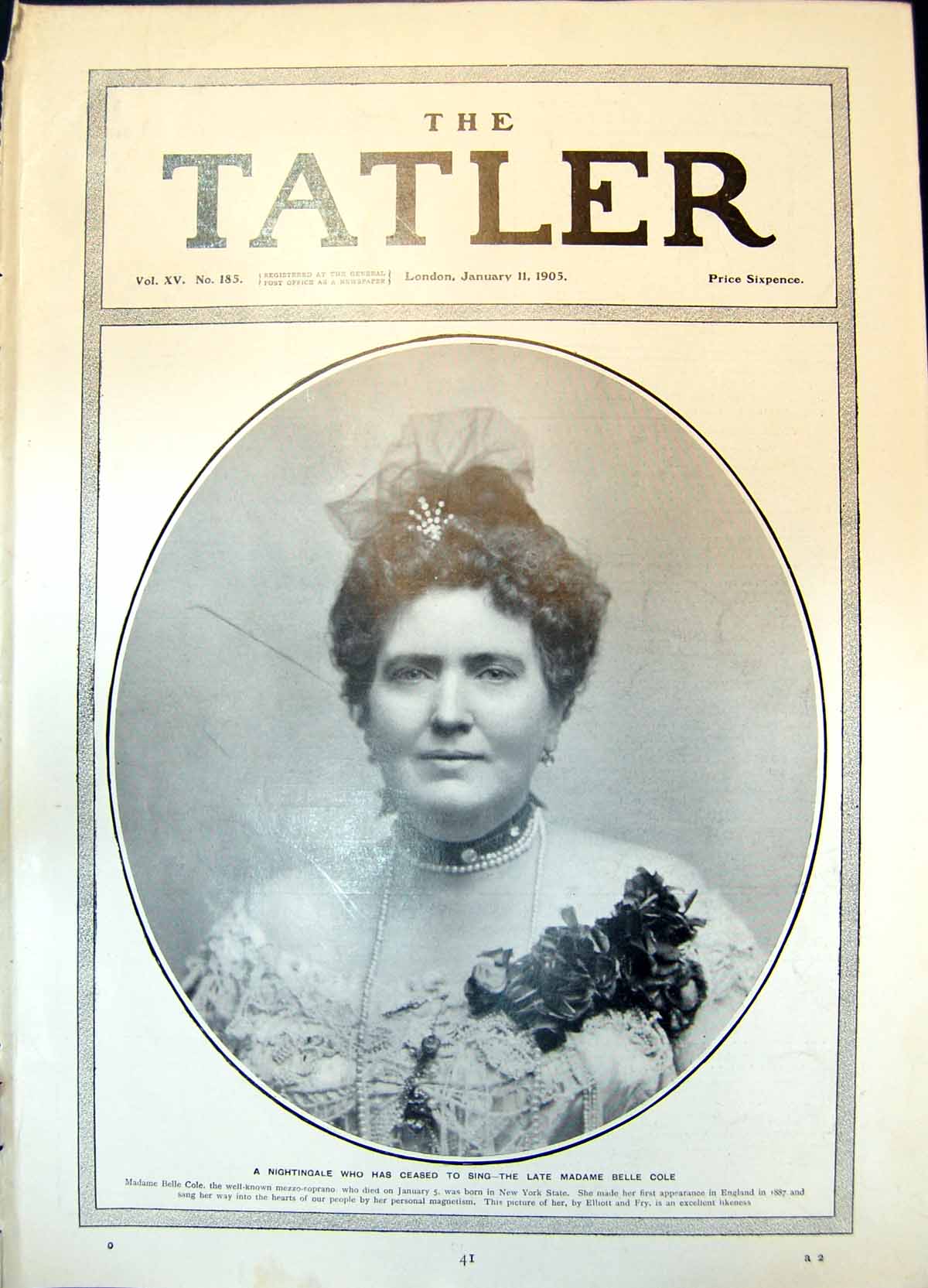 Original Old Antique Print Nightingale Ceased Sing Late Madame Belle Cole 1905