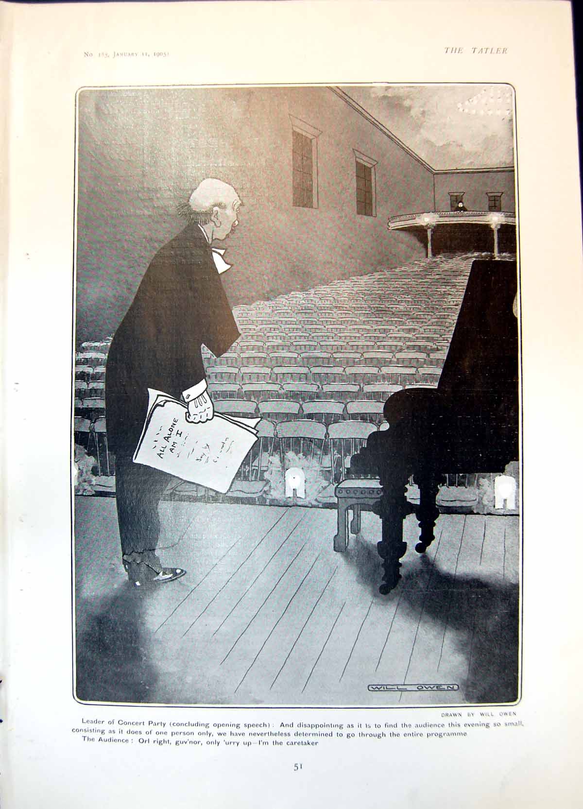 Antique Old Print Leader Concert Party No Audience Caretaker Will Owen 1905