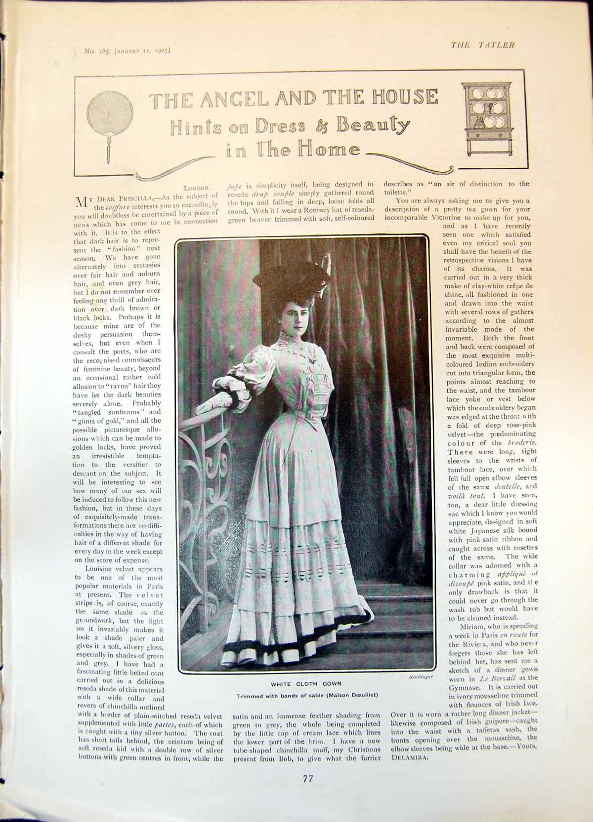 Original Old Antique Print White Cloth Gown Pretty Tea Gown Afternoon Gown 1905