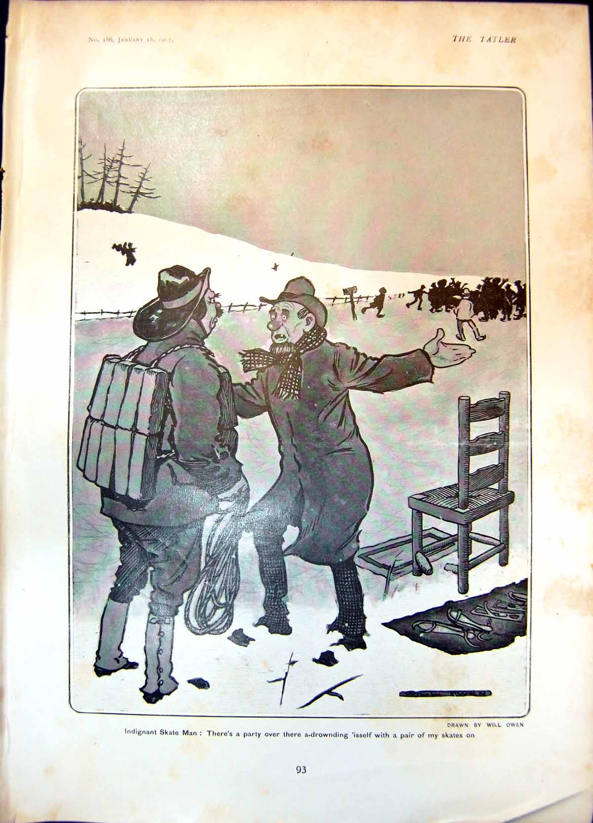 Old Antique Print Skate Man Party With His Skates On Lake Will Owen 1905 20th