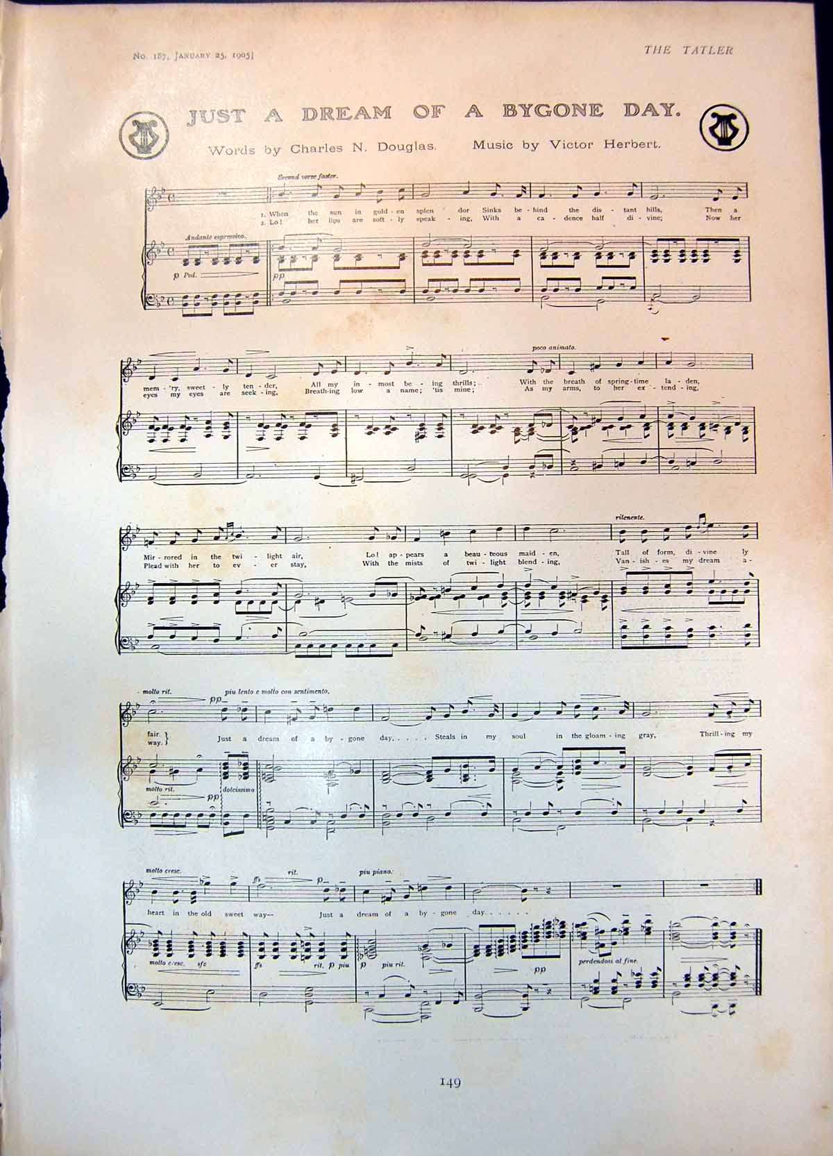 Old Antique Print Sheet Music Just Dream Bygone Day Quaint Fisherman 1905 20th
