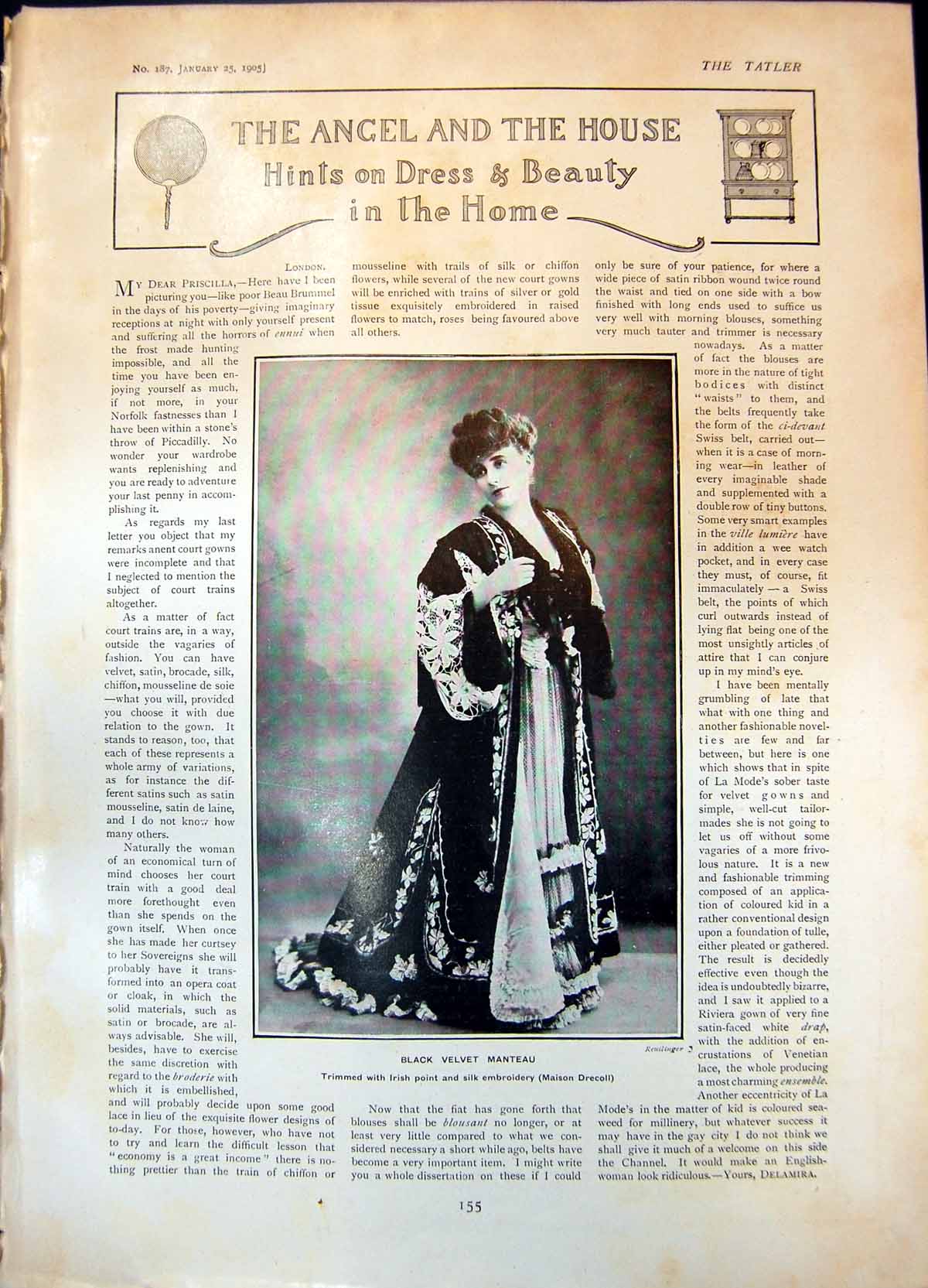 Old Print Black Velvet Manteau Jewelled Mercury Comb Afternoon Gown 1905 20th