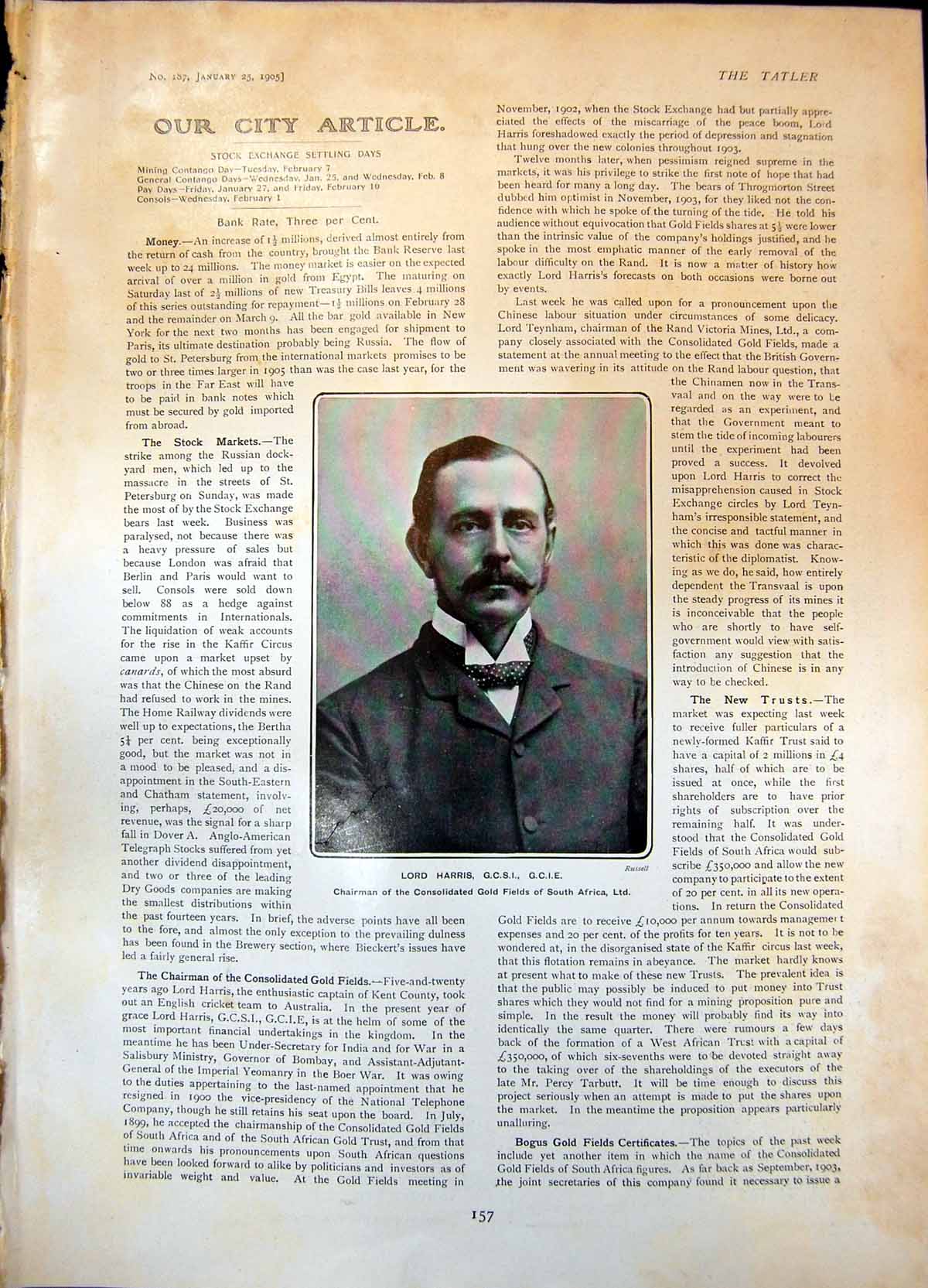 Antique Print Lord Harris Chairman GFields South Africa Colonel R W Inglis