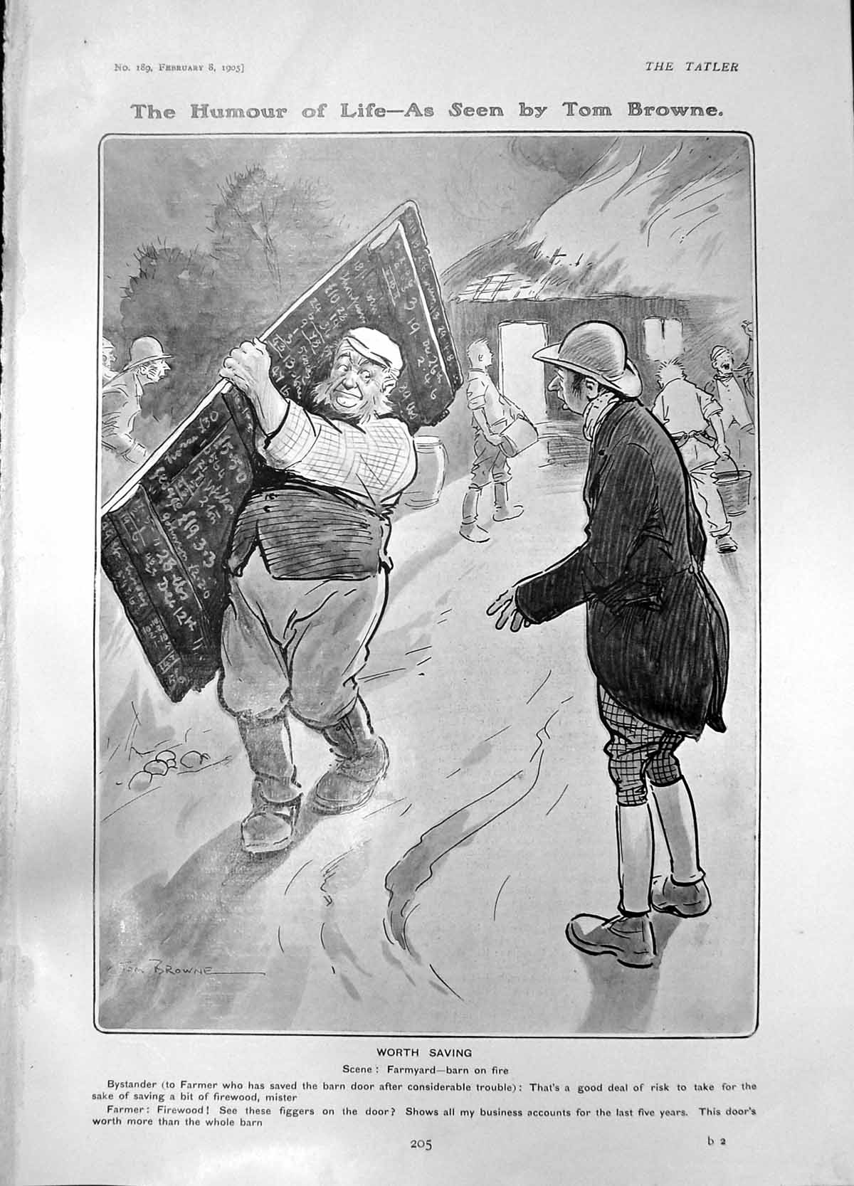 Antique Old Print Humour Life Tom Browne Worth Saving Farmyard Barn Fire 1905