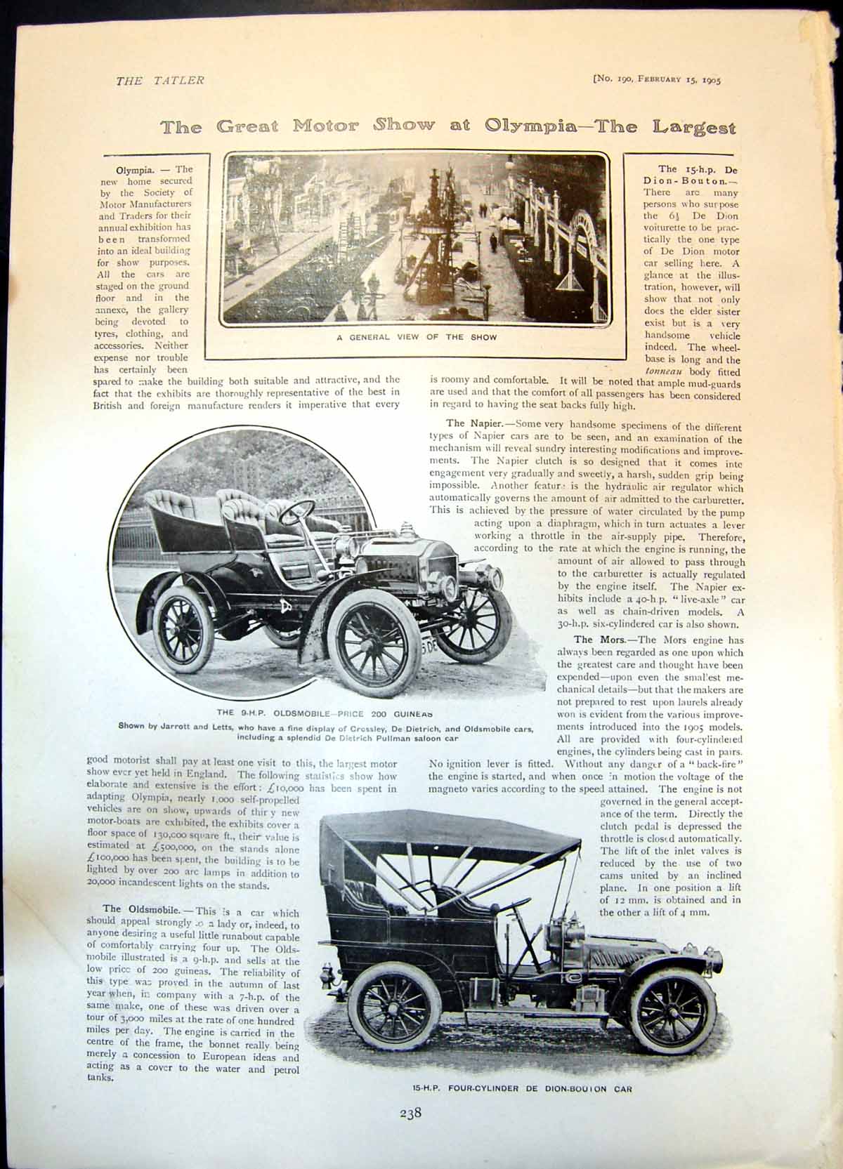 Old Print Motor Show Olympia smobile Dion Bouton Car Travelling Bear1905 20th