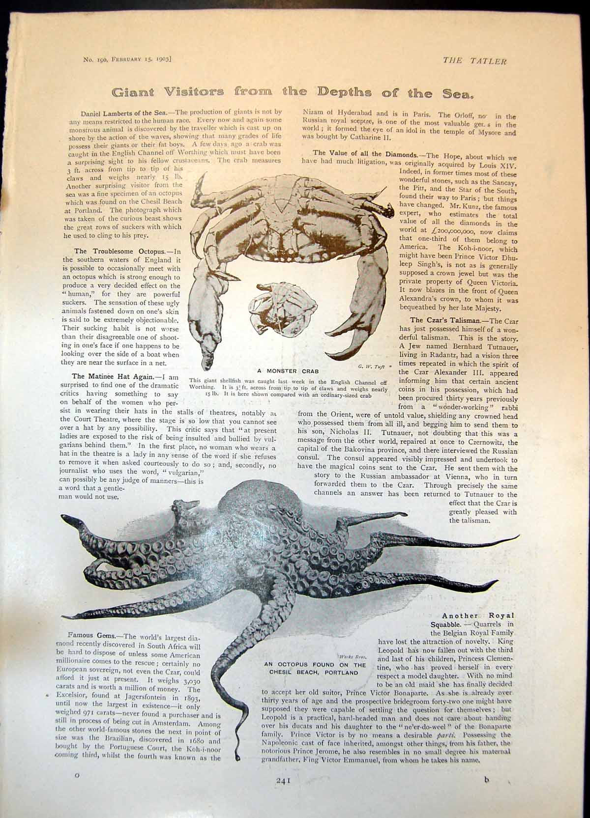 Old Print Monster Crab Octopus Chesil Beach Good Morning Boy Barrel 1905 20th