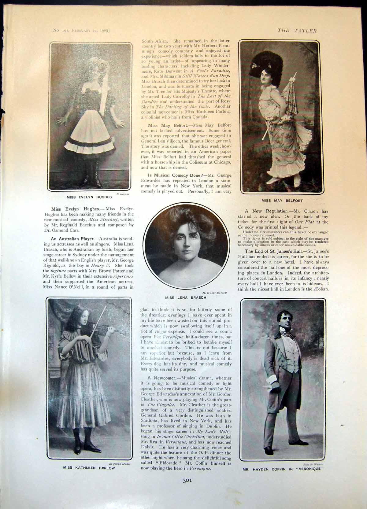 Old Print Miss Evelyn Hughes May Belfort Lena Brasch Kathleen Parlow 1905 20th