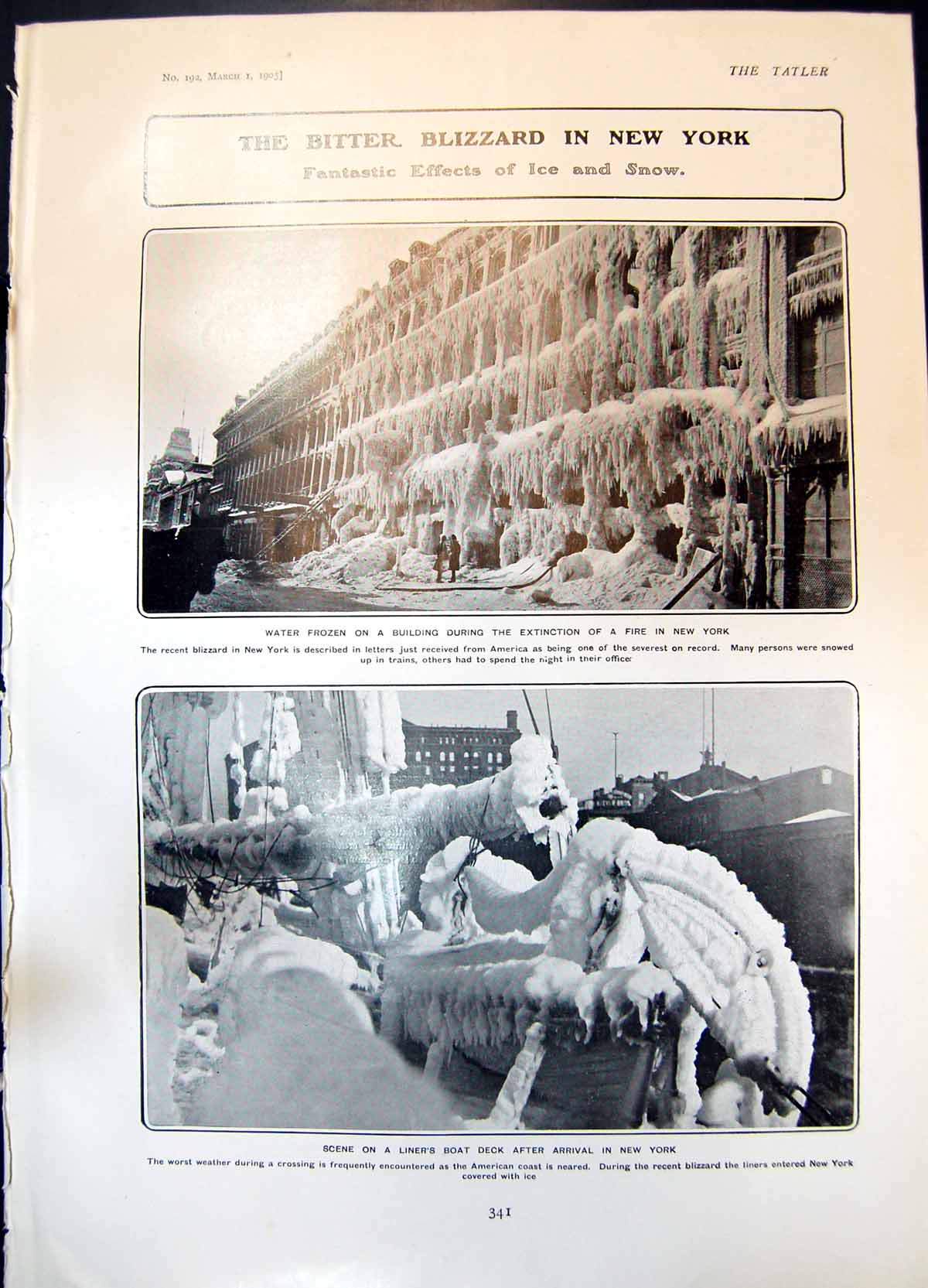 Old Blizzard New York Water Frozen Building Fire Liners Boat Deck 190 20th