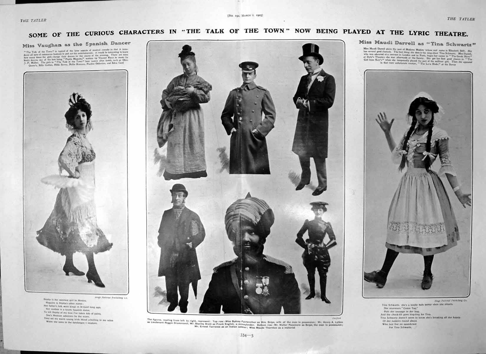 Antique Old Print Characters Talk Town Lyric Miss Vaughan Maudi Darrell 1905