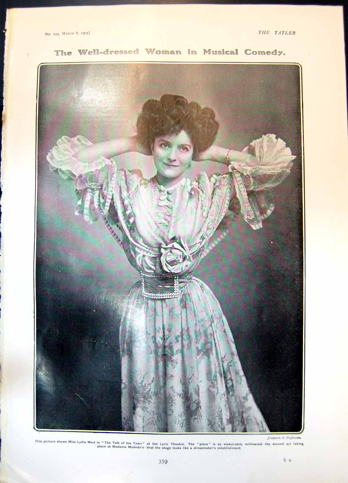 Antique Old Print Miss Lydia West Talk Town Lyric Theatre Well Dressed 1905