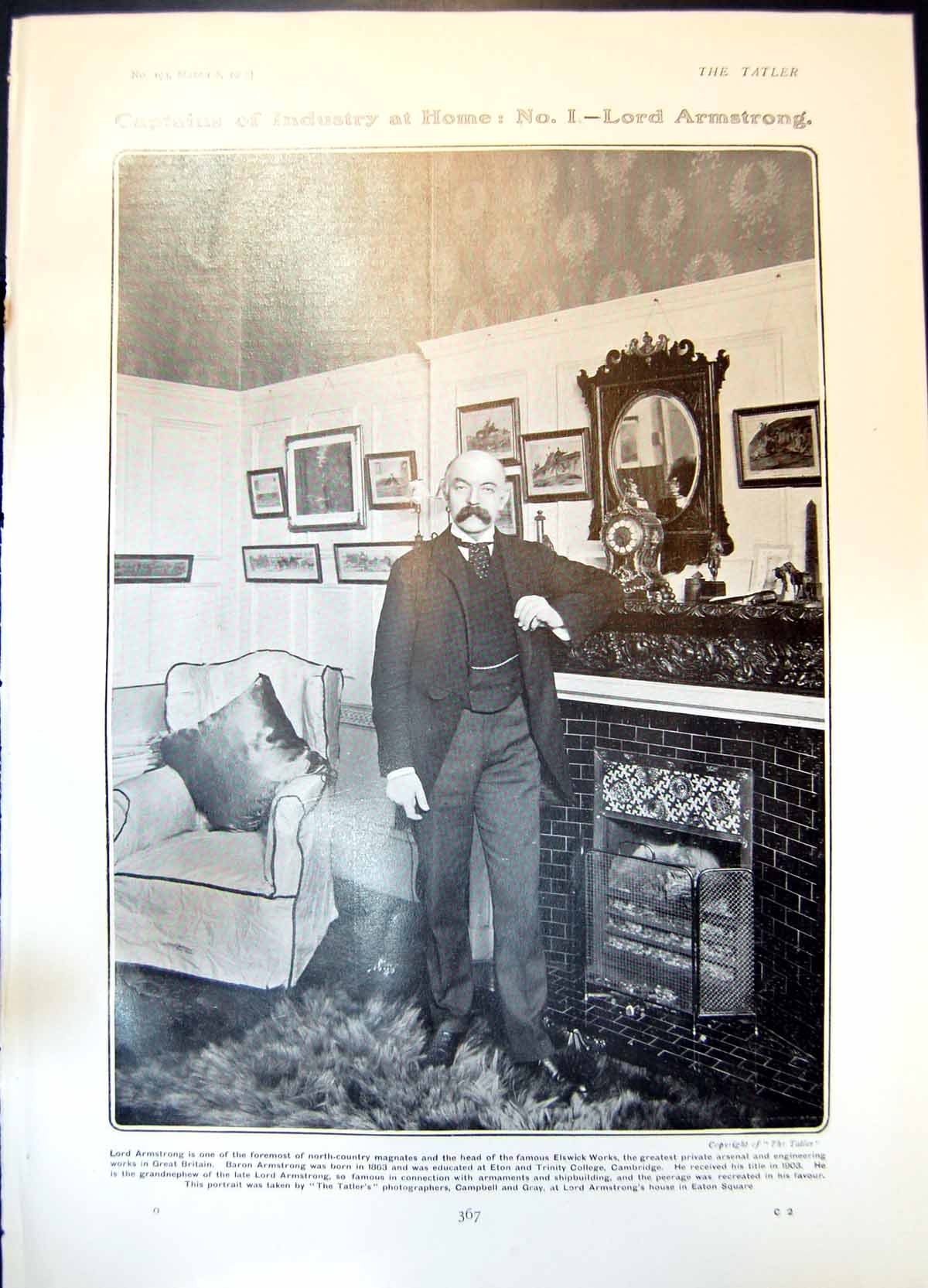 Antique Old Print Lord Armstrong Elswick Works Marmosets Lady Mary Pepys 1905