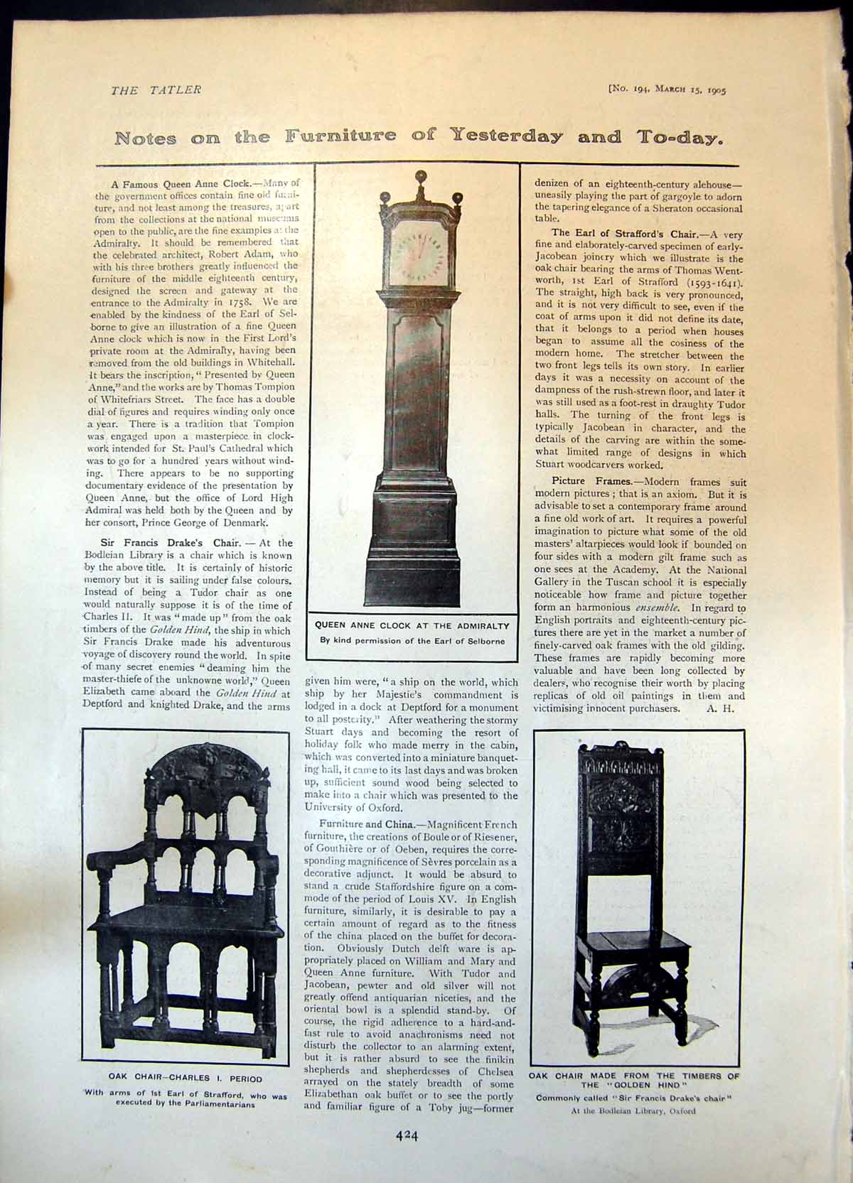 Old Print Queen Anne Clock Oak Chair CharlesGen Hind Earl Cawdor 1905