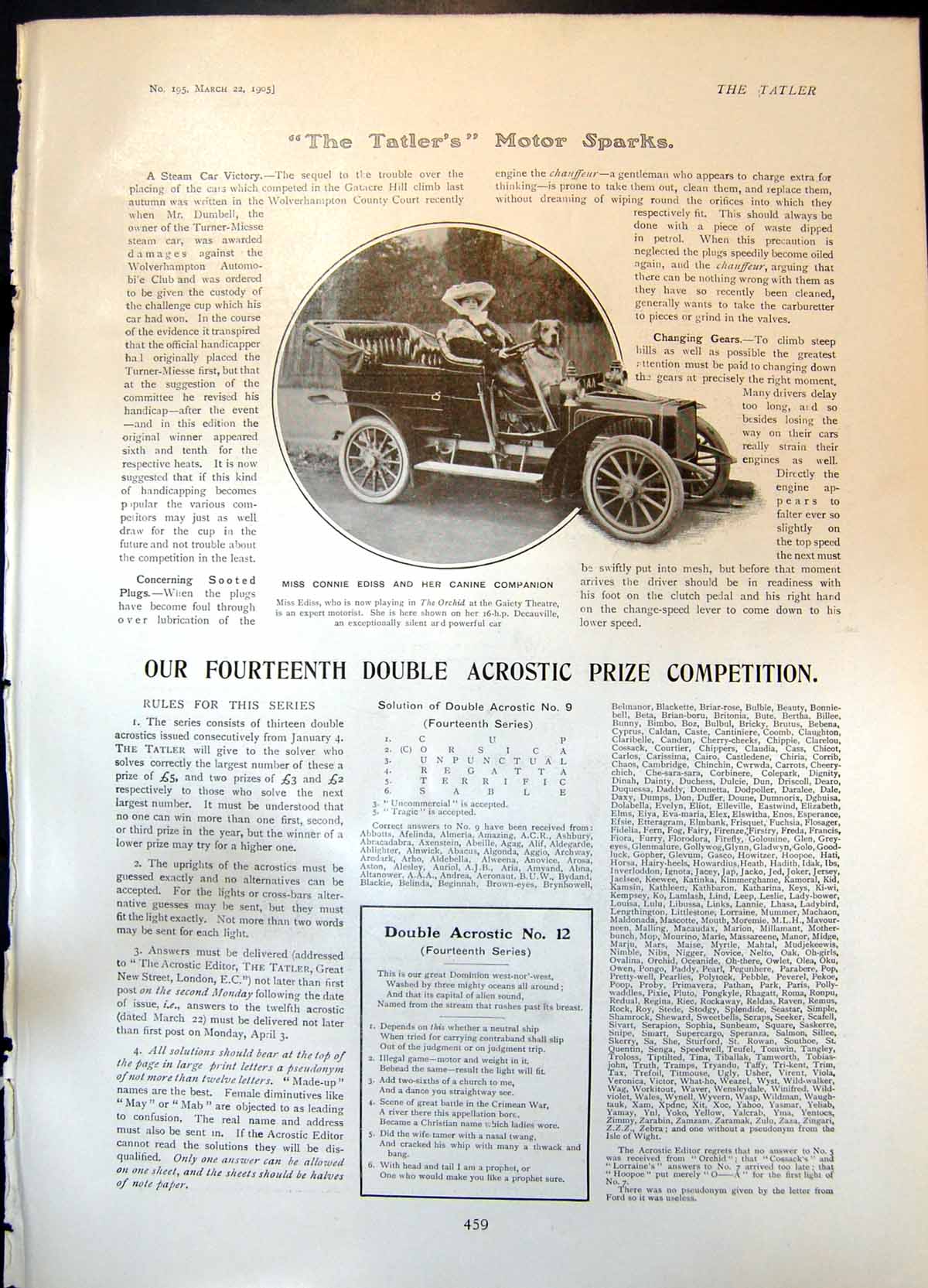Old Antique Print Connie Ross Dog Motor Car Decauville Dinner Gown 1905 20th