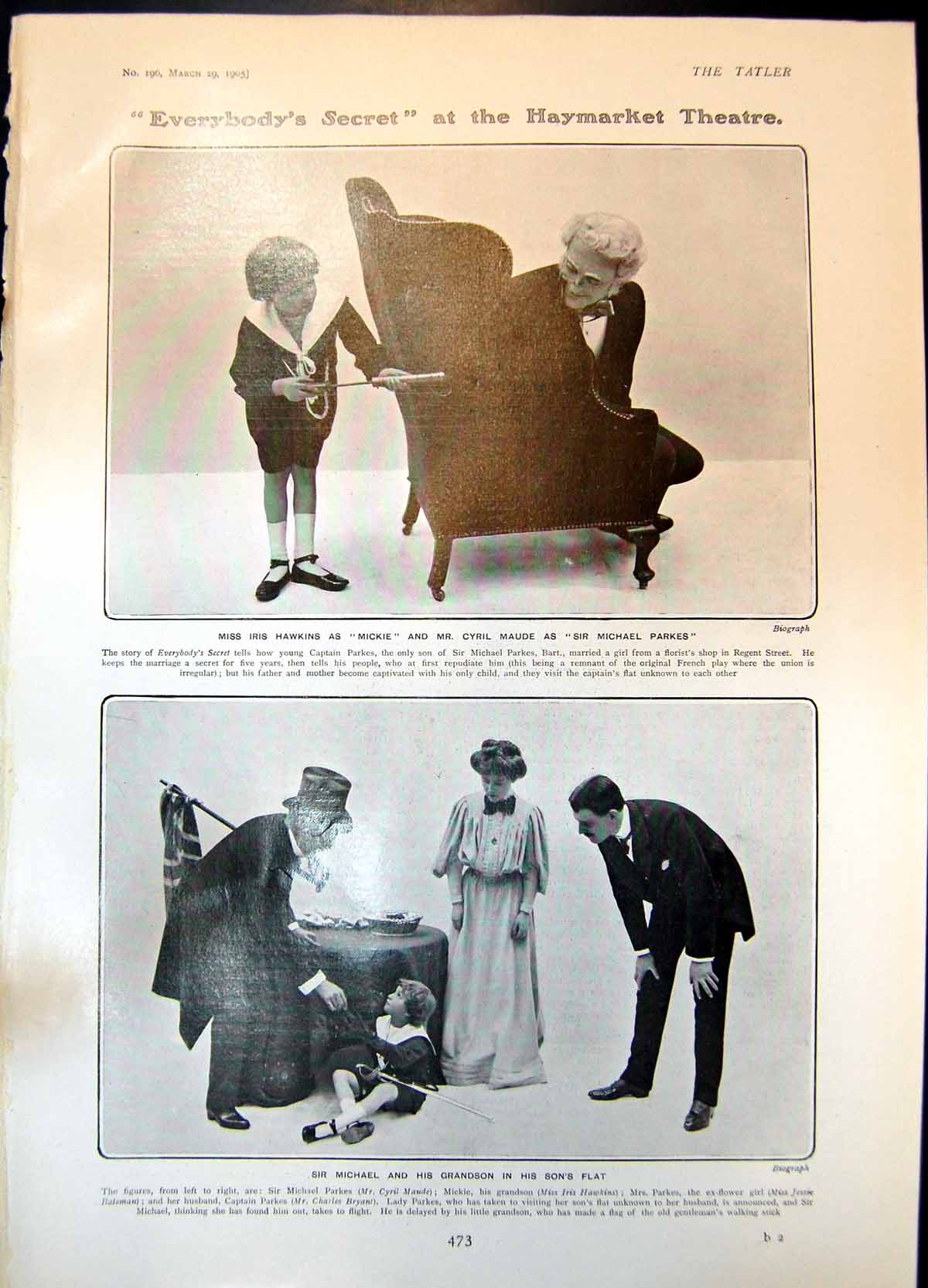 Antique Old Print Everybodys Secret Haymarket Iris Hawkins Cyril Maude 1905