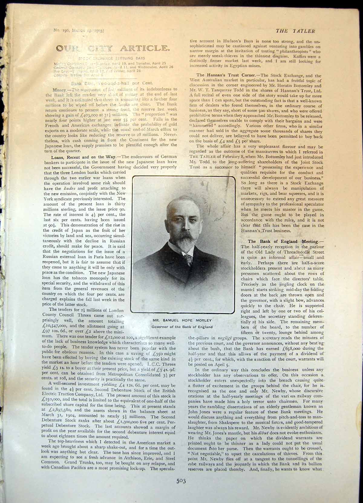 Old Print Samuel Hope Morley Governor Bank England Alfred Baldwin Mp 1905 20th
