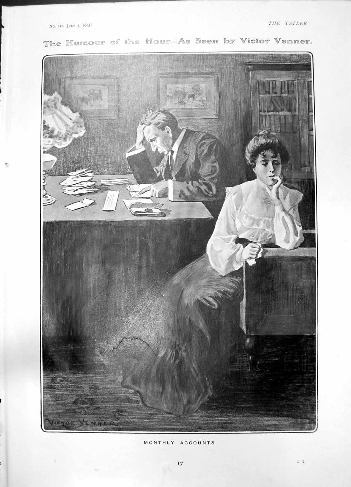 Antique Print Humour Victor Venner Monthly Accounts Stout Party Widow 1905 20th