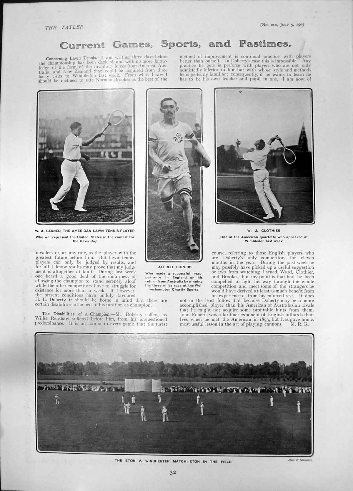 Old Eton V Winchester Match Tennis W Larned W Clothier A Shrubb 1905 20th