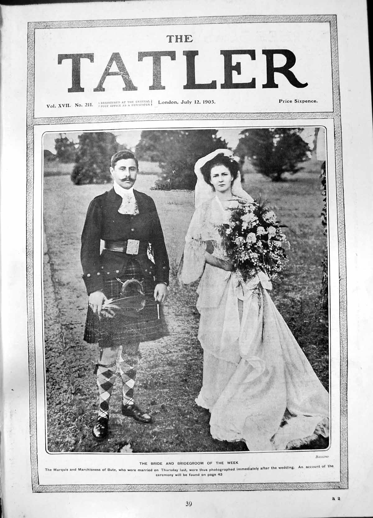 Old Antique Print Marquis Marchioness Bute Bride Groom Kilt Wedding 1905 20th