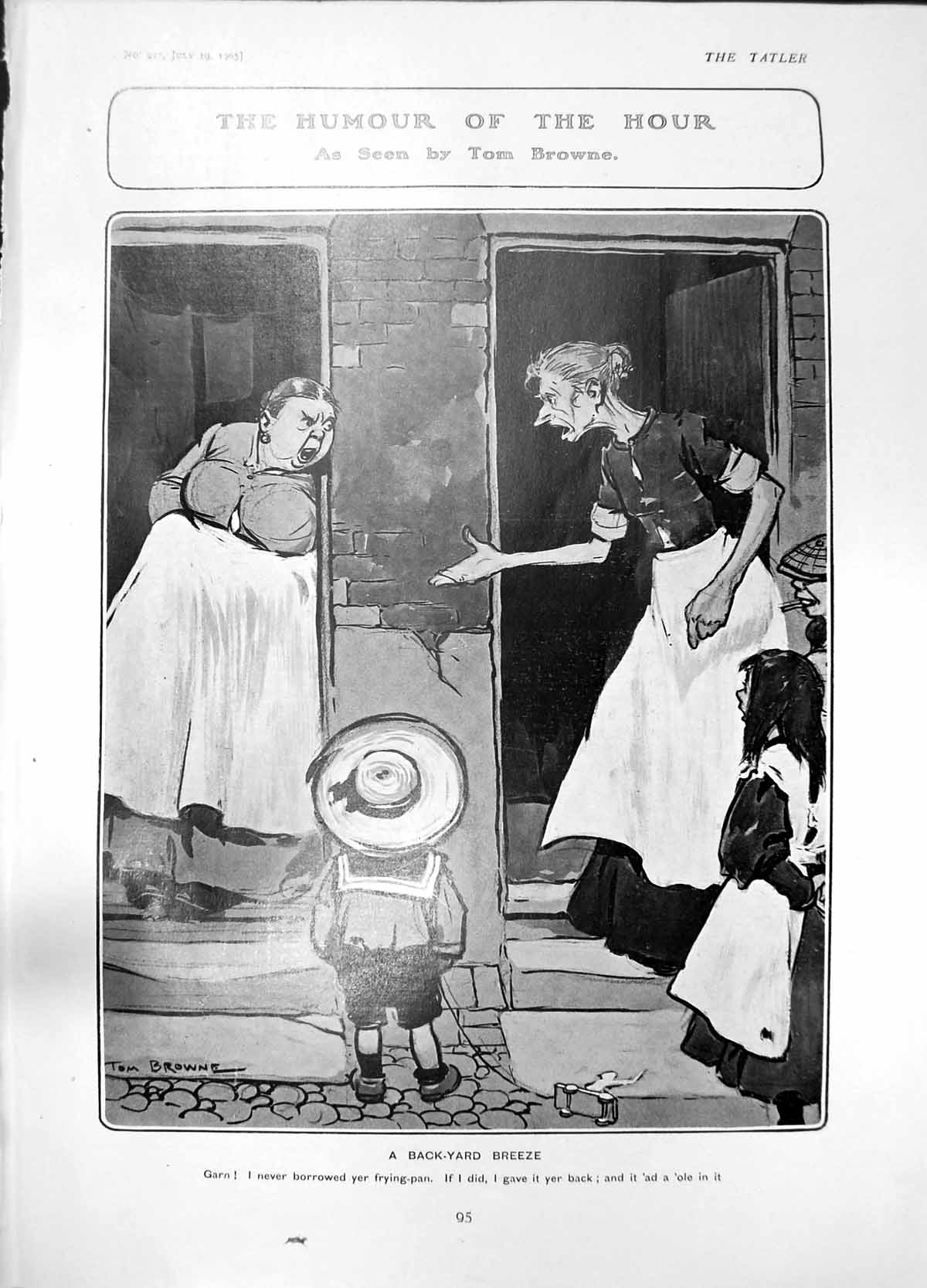 Old Print Humour Tom Browne Back-Yard Breeze Frying Pan Lady Cooper 1905 20th