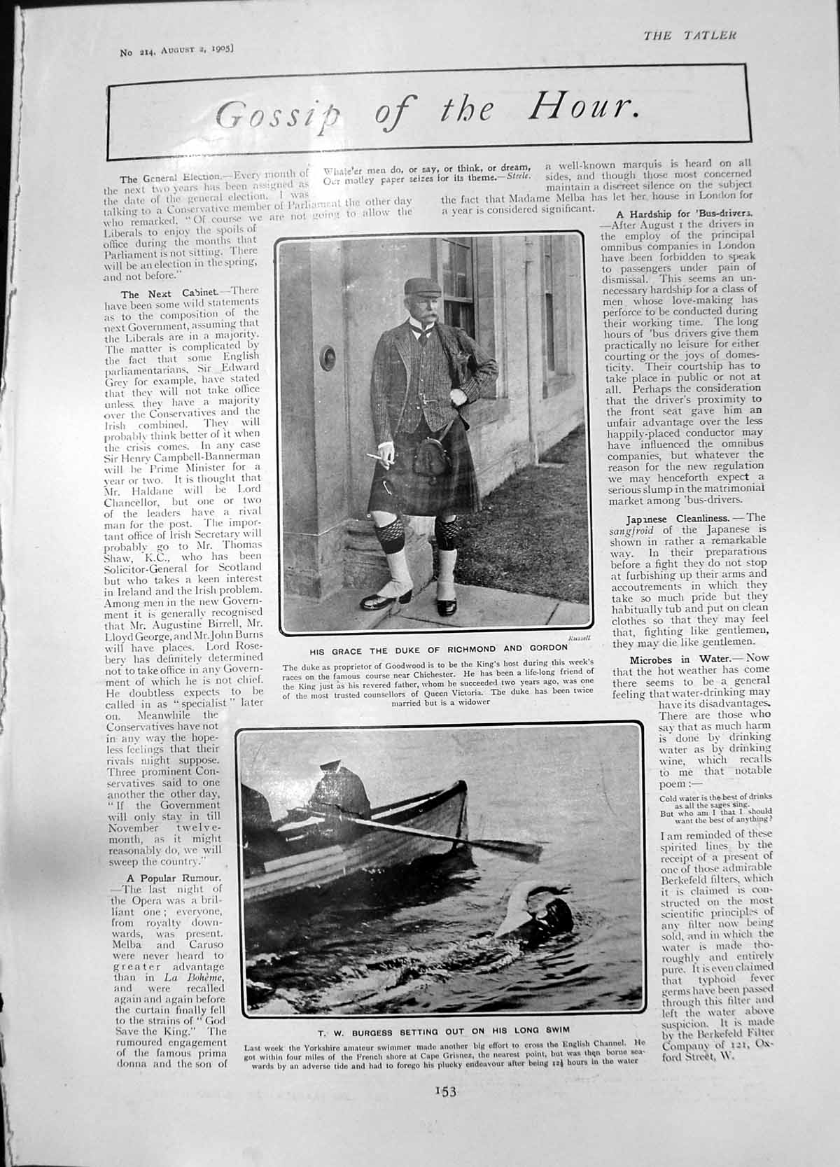 Old Print Duke Richmond T Burgess Swim Duke Devonshire S Waring Jun 1905 20th