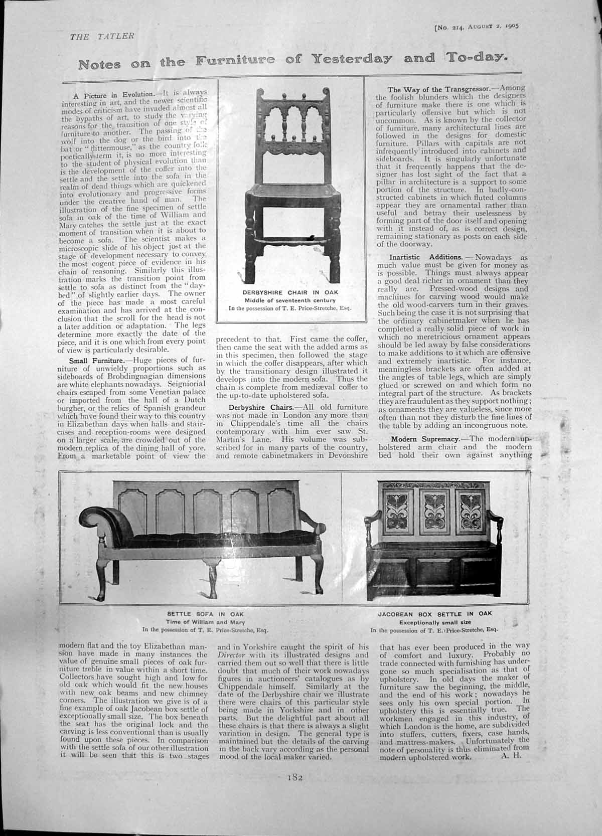Antique Old Print Derbyshire Chair Settle Sofa Jacobean Box Settle Oak 1905