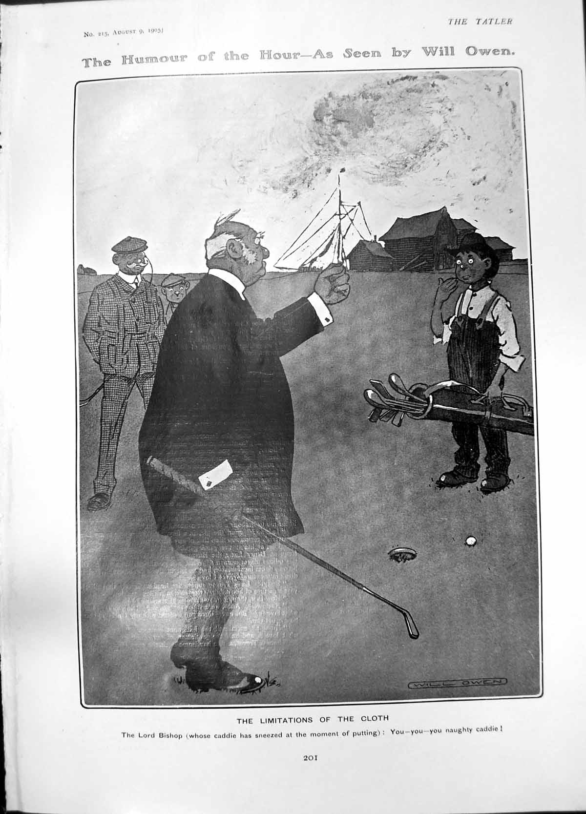 Antique Old Print Humour Will Owen Lord Bishop Caddie Sneezed Putting 1905 20th