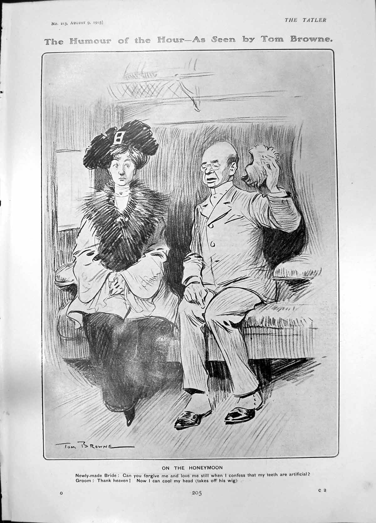 Old Print Humour T Browne Honeymoon False Teeth Wig Cricketing Mems 1905 20th