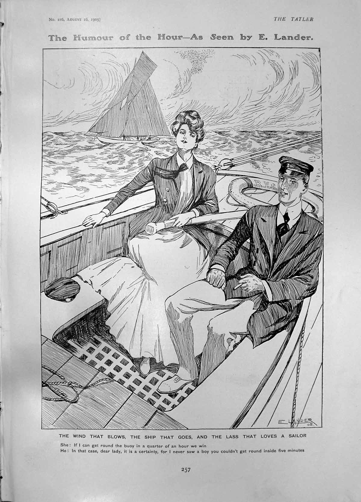Antique Old Print Humour E Lander Wind Blows Ship Goes Lass Loves Sailor 1905
