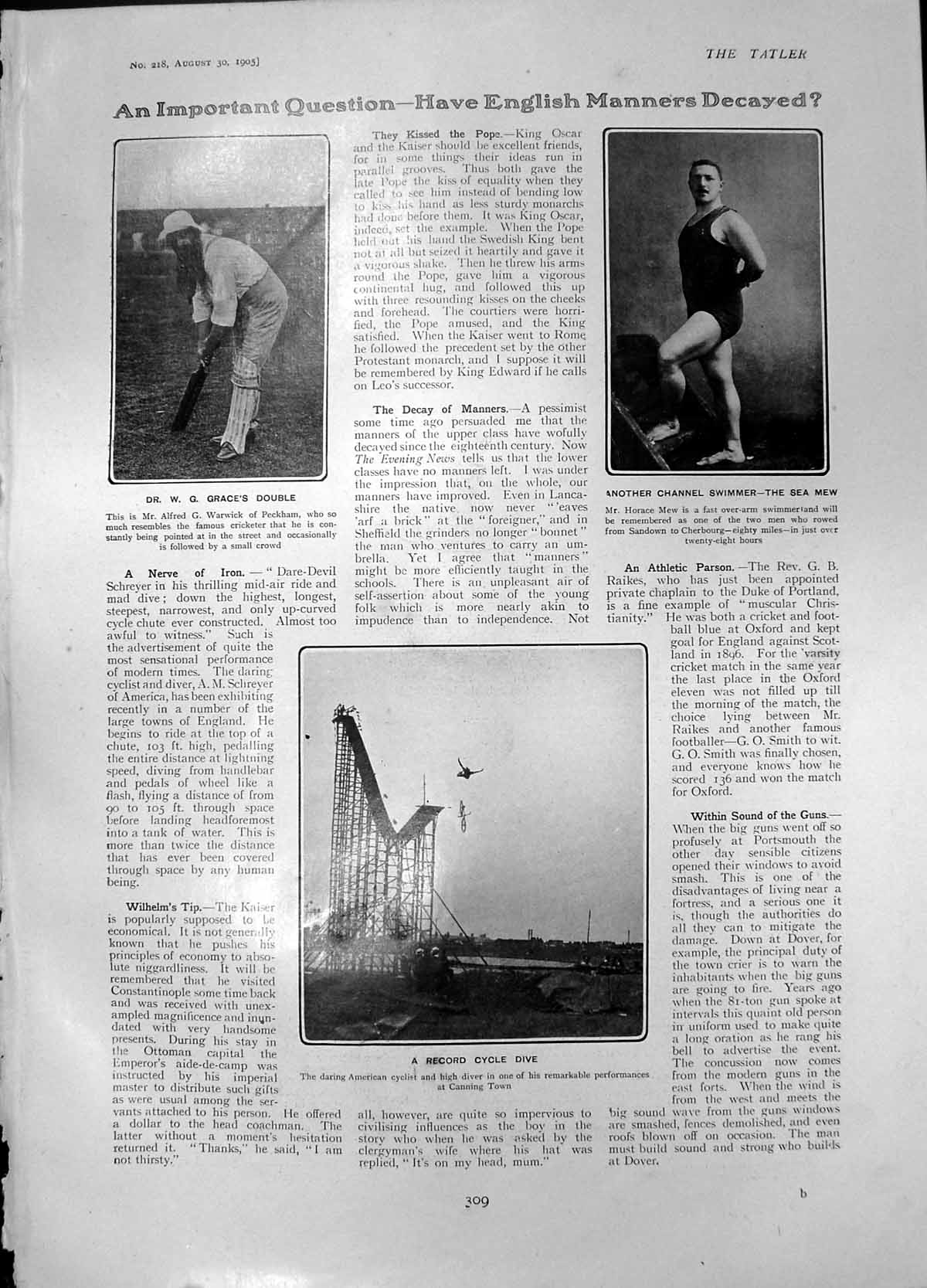 Old Print H Mew Channel Swimmer Cycle Dive John Vaughan J Henderson 1905 20th