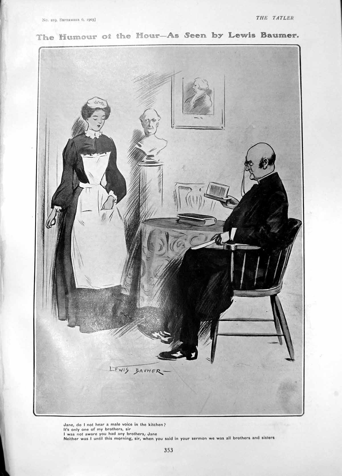Antique Old Print Humour Lewis Baumer Vicar Maid Jane Brother Kitchen 1905 20th
