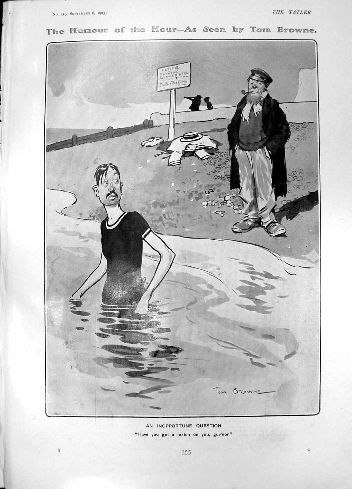 Antique Print Humour T Browne Inopportune Question Dive Herne Bay Pier 1905
