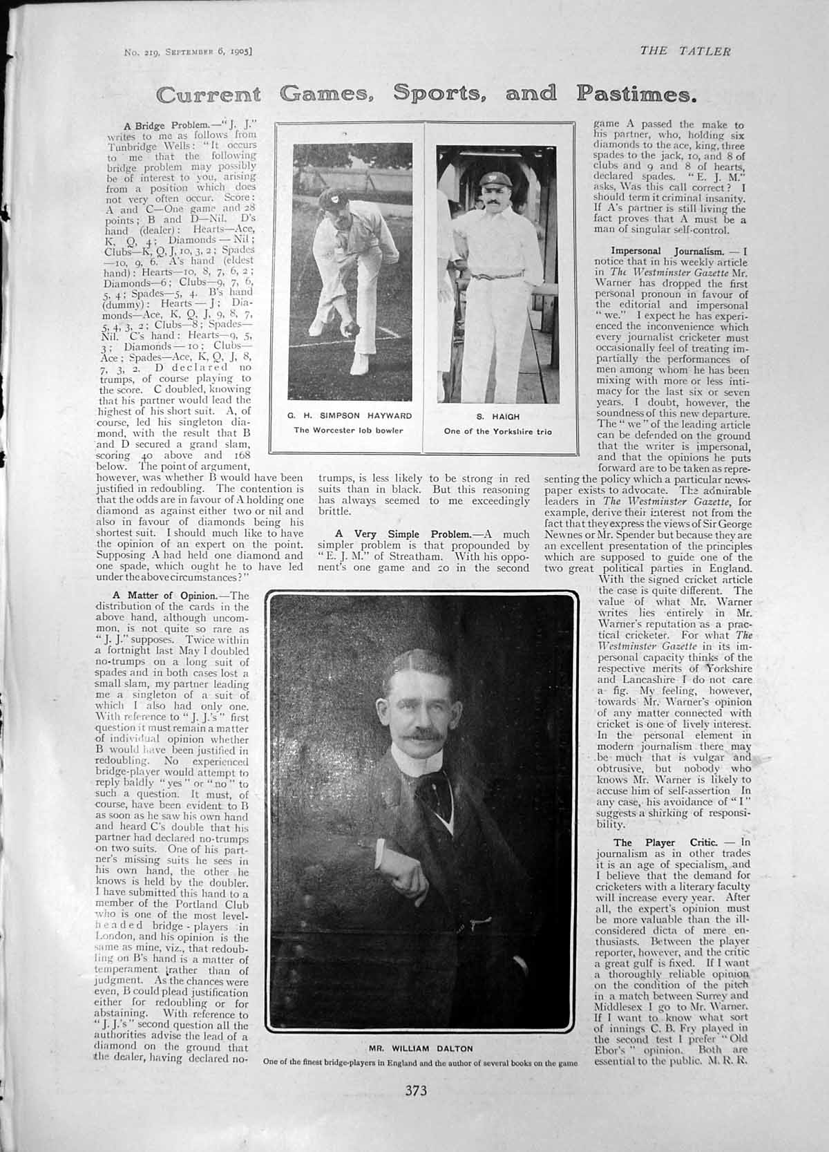 Old Print William Dalton Bridge Cricketers G Simpson Hayward S Haigh 1905 20th