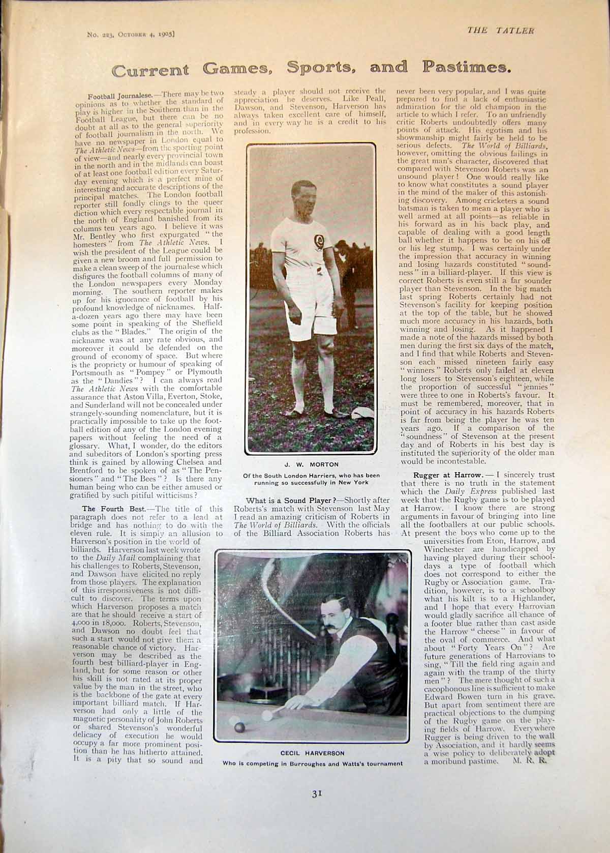 Old Cecil Harverson Snooker Tournament J Morton London Harriers 1905 20th