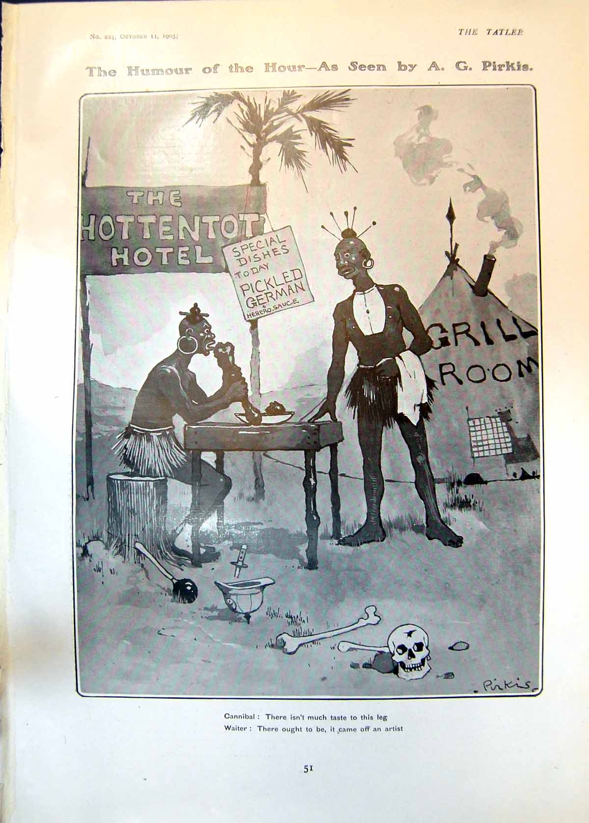 Antique Old Print Humour Hour A Pirkis Hottentot Hotel Cannibal Waiter 1905