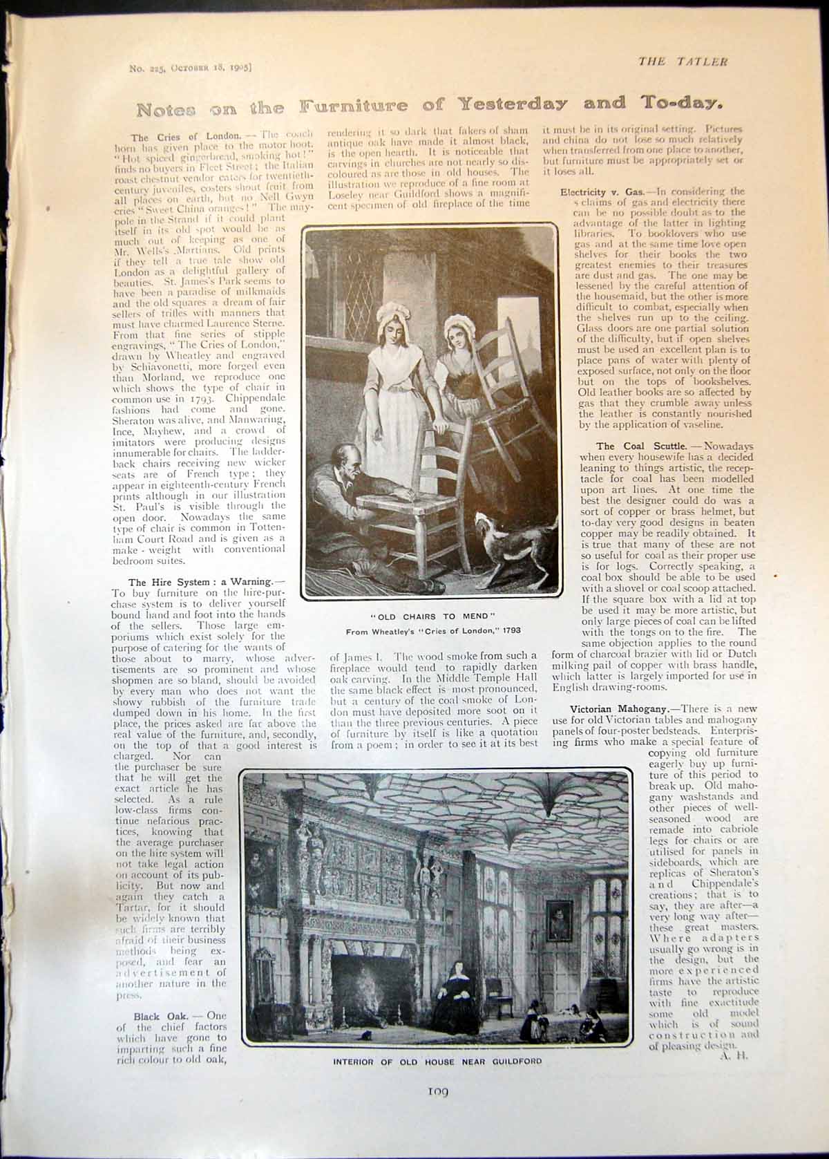 Old Antique Print Chairs To Mend Cries London House Guildford Gown 1905 20th