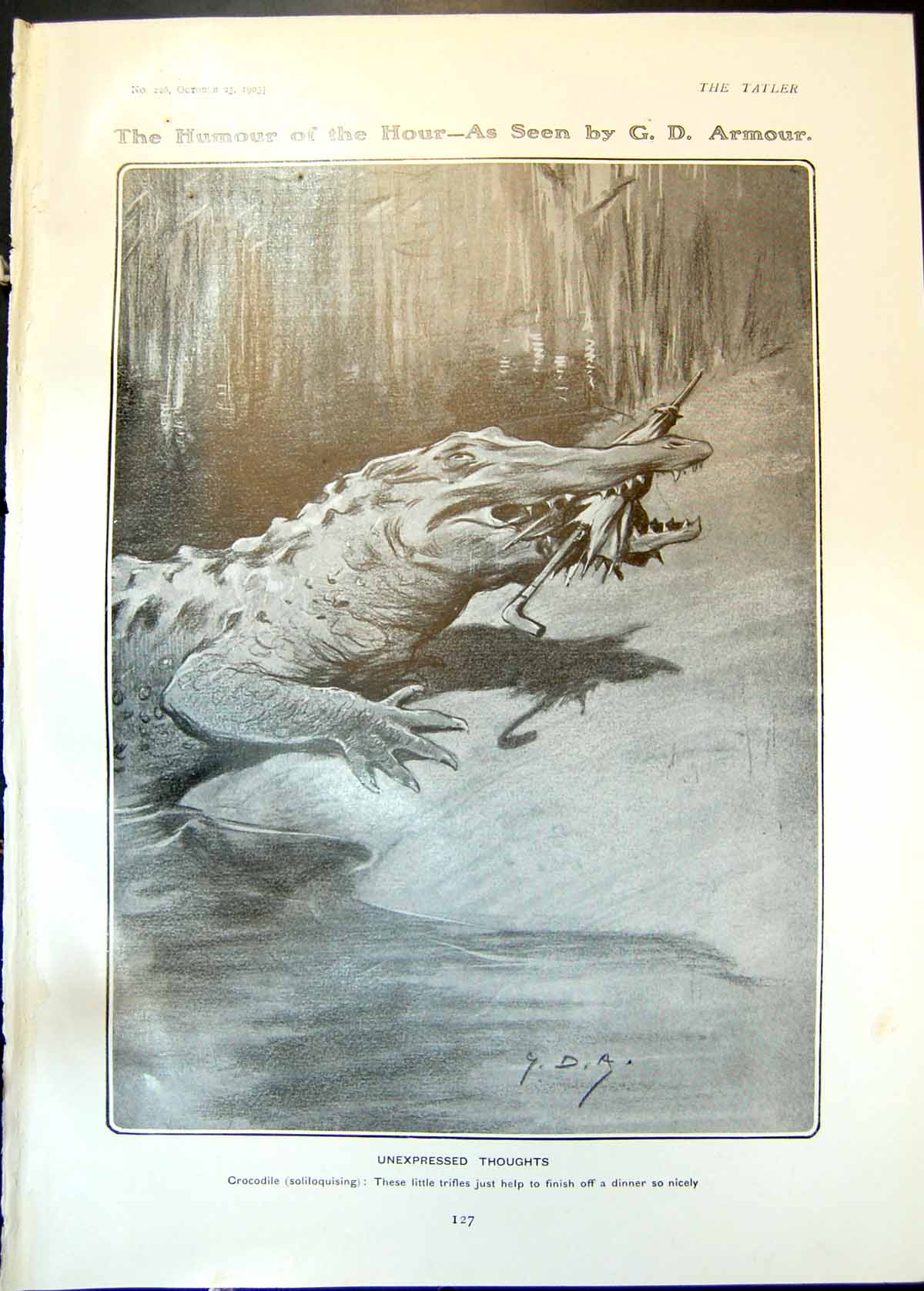 Antique Old Print Humour Hour G D Armour Unexpressed Thoughts Crocodile 1905