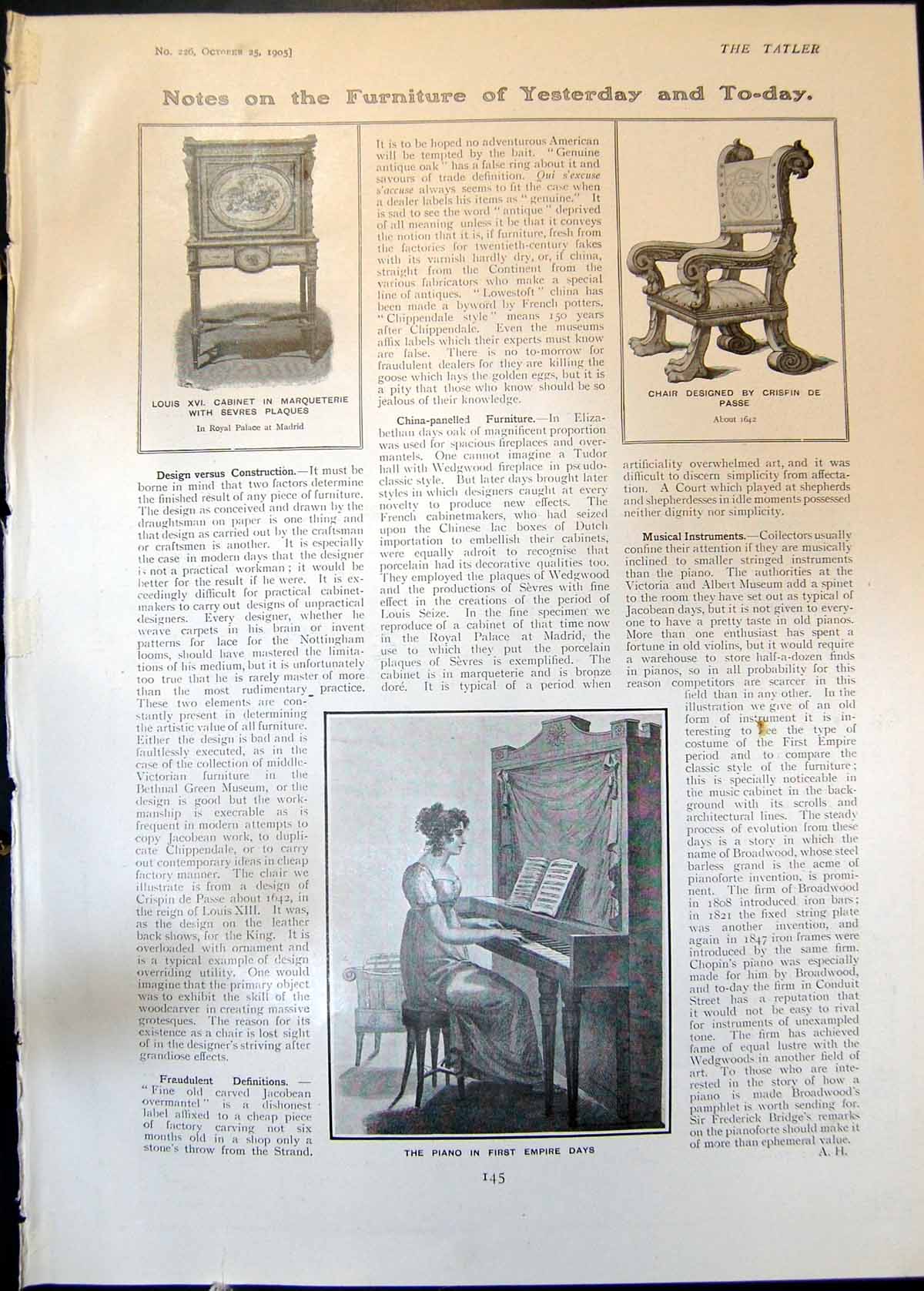 Antique Print Piano Chair Crispin De Passe Louis Xvi Cabinet Tea Gown 1905 20th