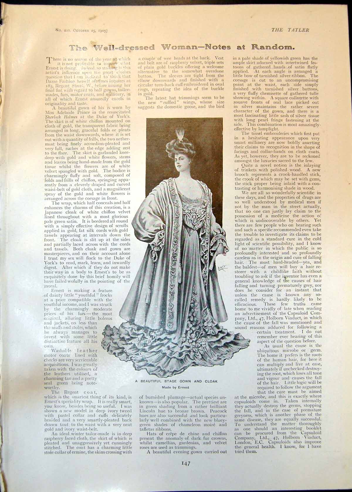 Antique Old Print Stage Gown Cloak Cupelle Motor Car Single Landaulet 1905 20th
