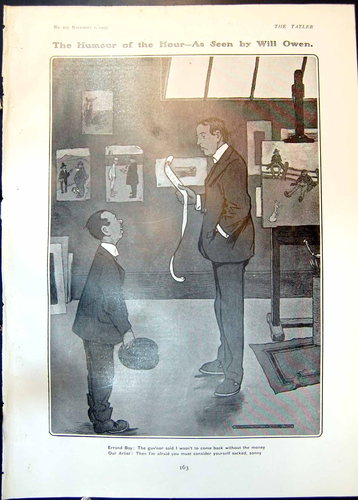Old Antique Print Humour Will Owen Errand Boy Guvnor Come Back Money 1905 20th