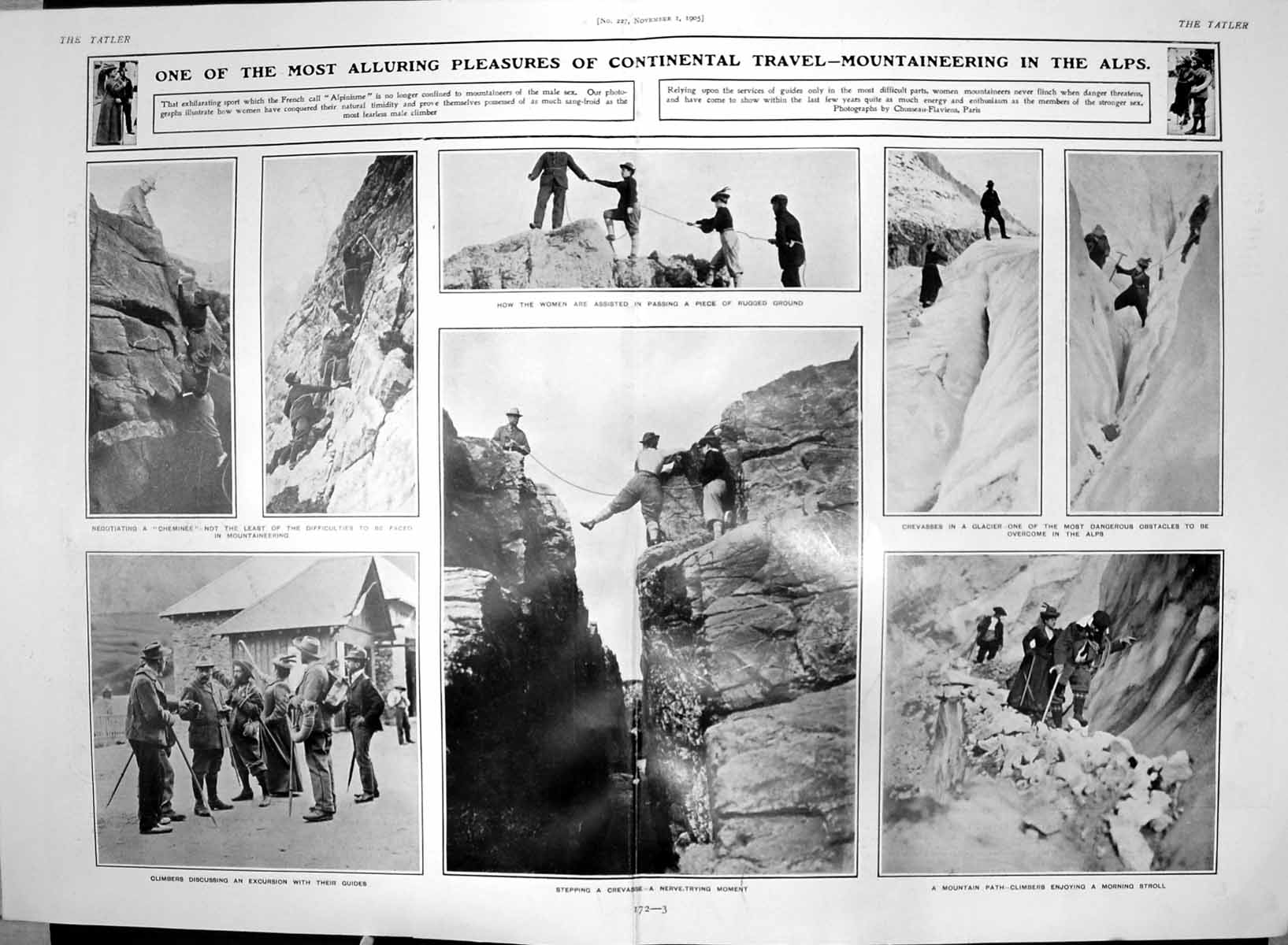 Antique Old Print Mountaineering Alps Cheminee Climbers Guides Crevasse 1905