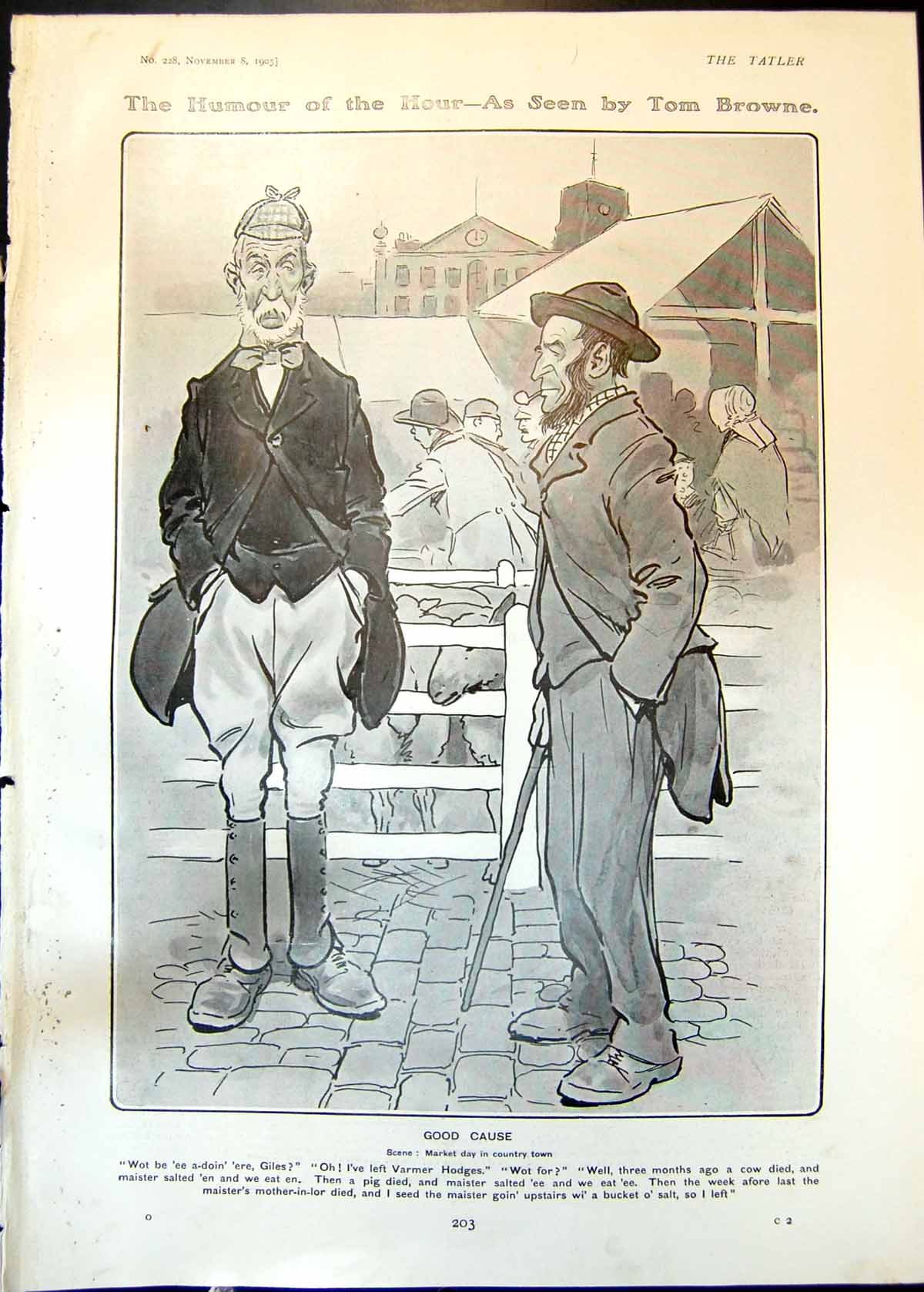 Antique Print Humour Hour Tom Browne Market Day Country Town Arry Bill 1905