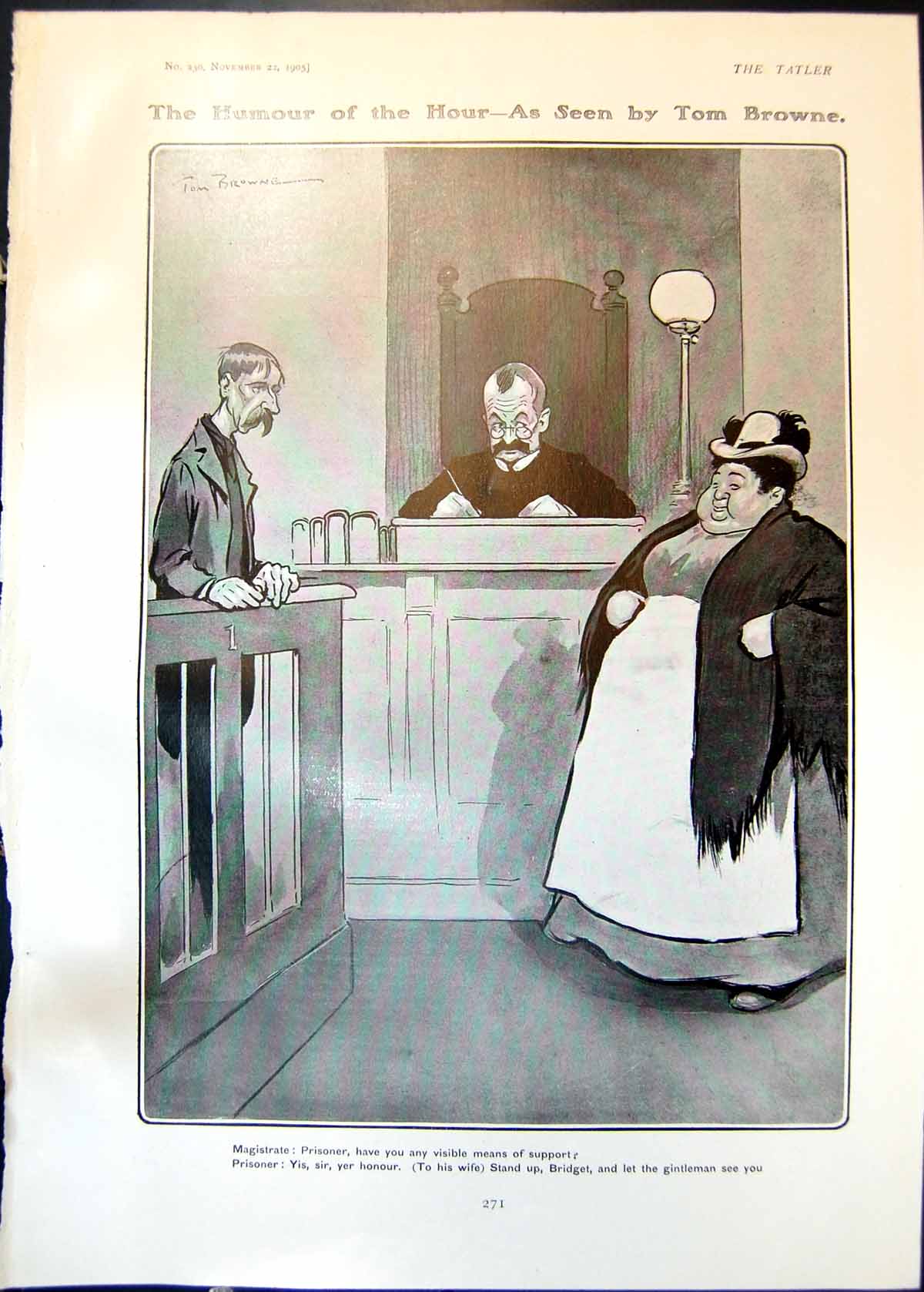 Original Old Antique Print Humour Hour Tom Browne Magistrate Prisoner Wife 1905