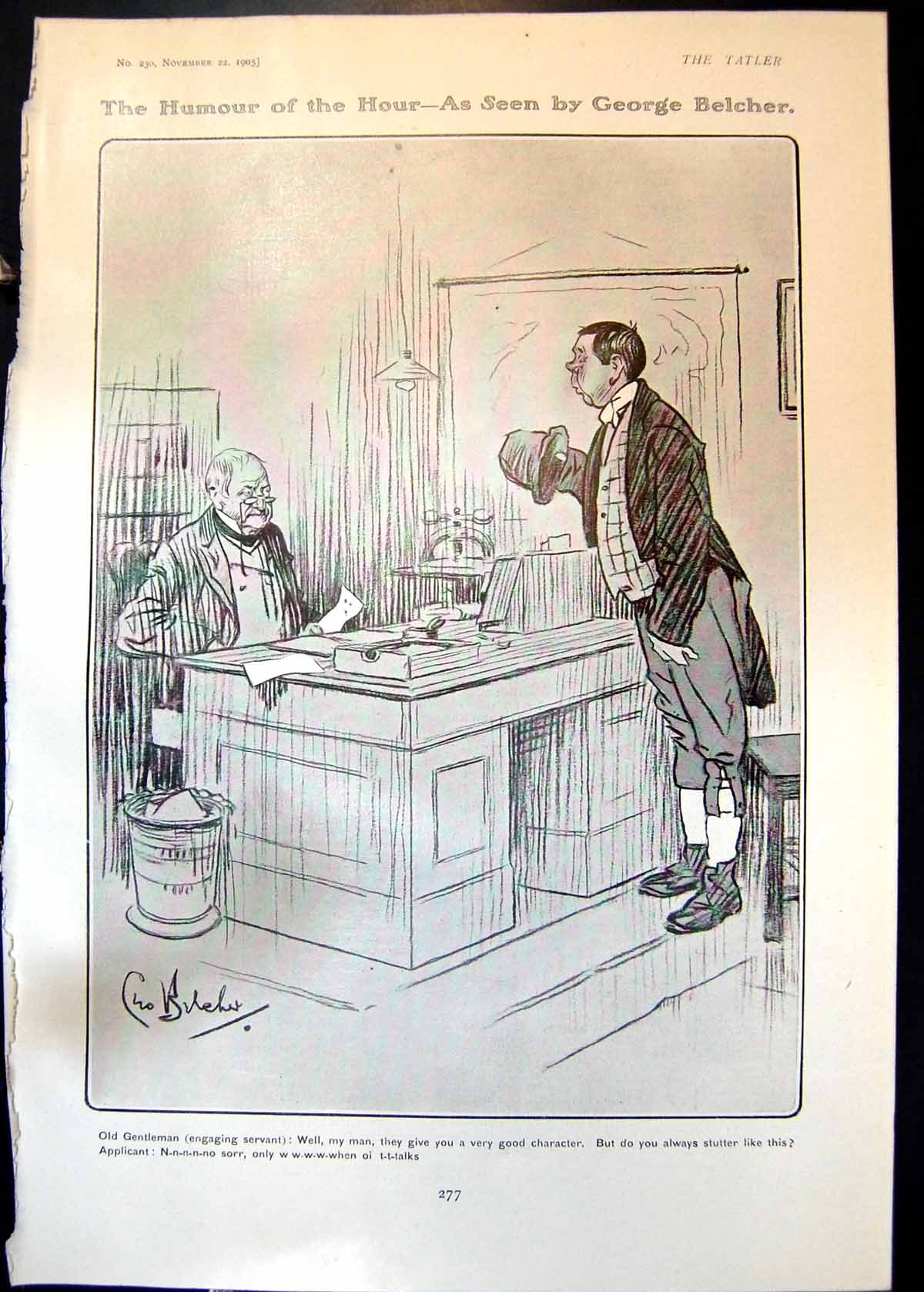 Antique Old Print Humour G Belcher Gentleman Servant Branks Cutty Stools 1905