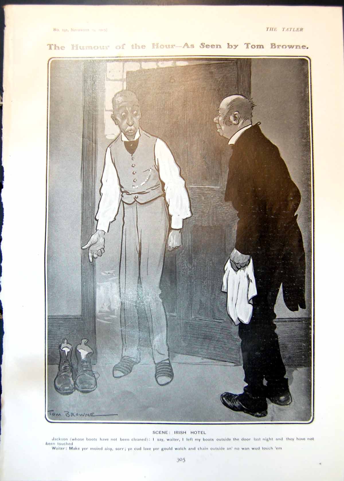 Antique Print Humour Hour Tom Browne Irish Hotel Jackson Waiter Boots 1905 20th