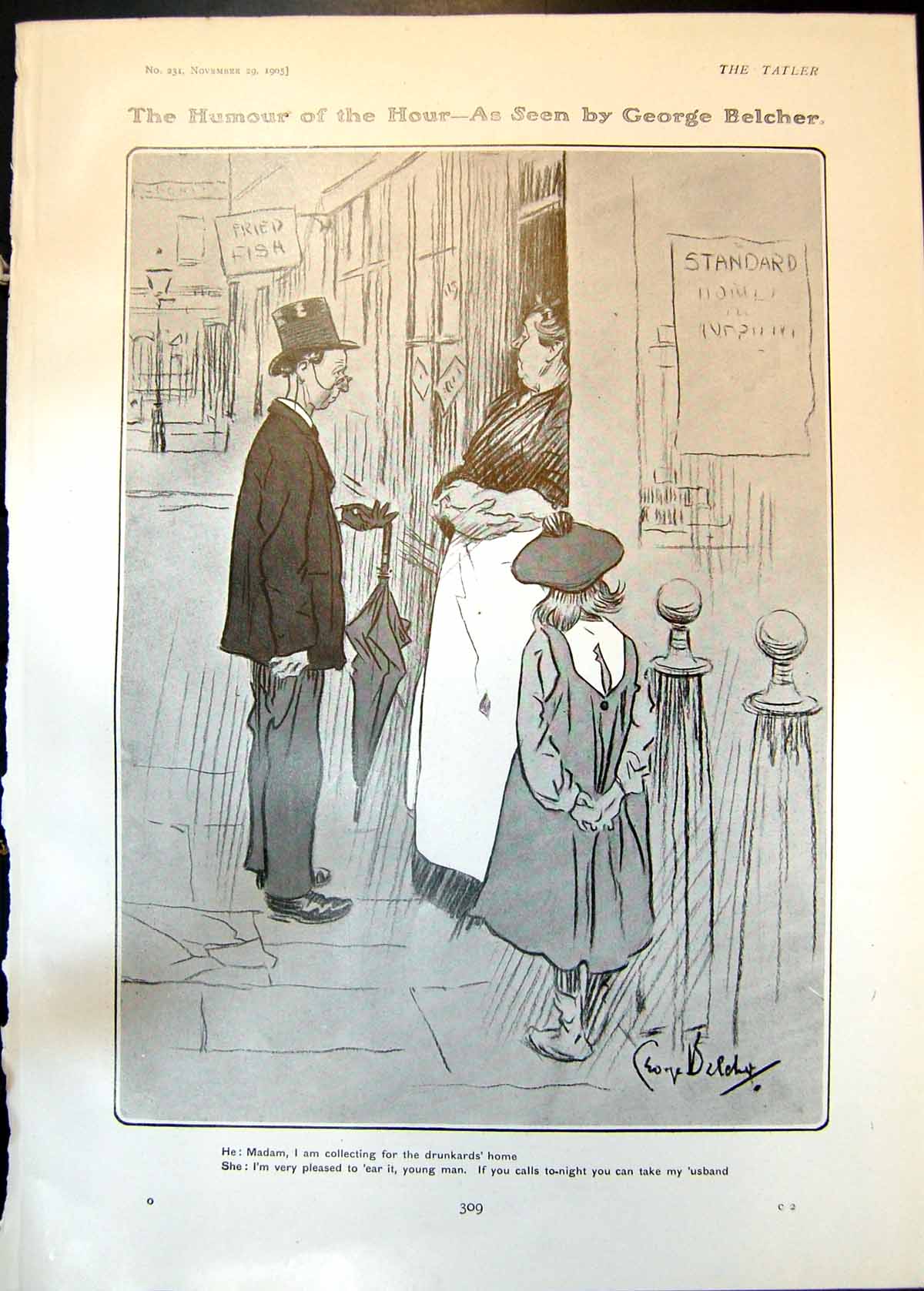 Old Print Humour G Belcher Collecting Drunkards Home Maids Soliloquy 1905 20th