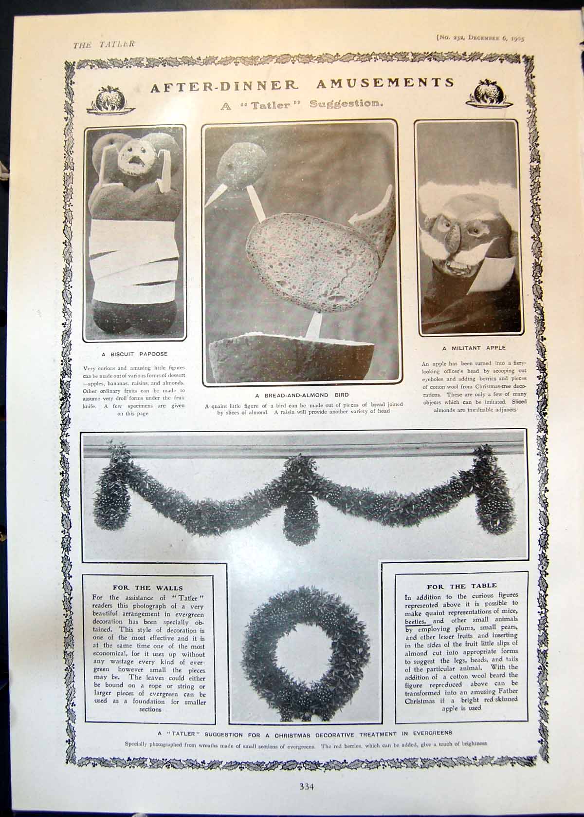 Antique Print Christmas Decoration Evergreens Child Feeding Puss Puss 1905 20th
