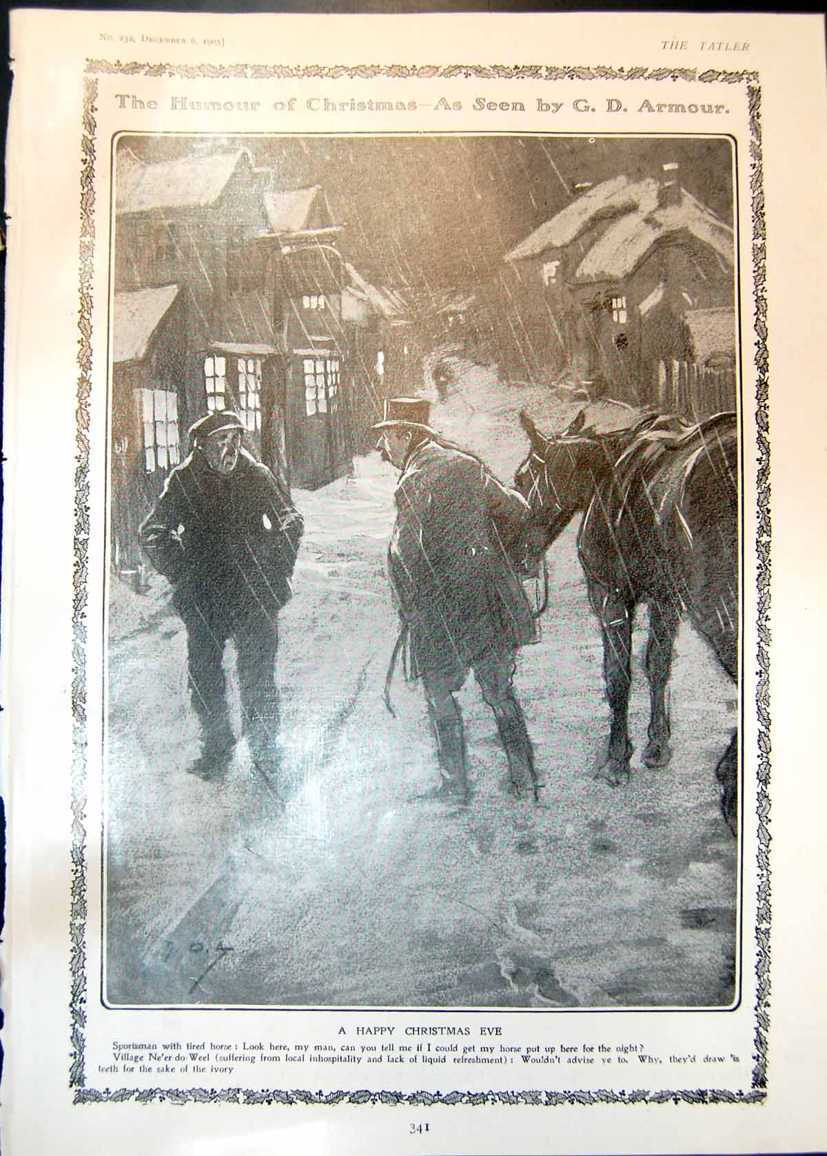 Old Print Humour Christmas G Armour Sportsman Tired Horse Men Table 1905 20th