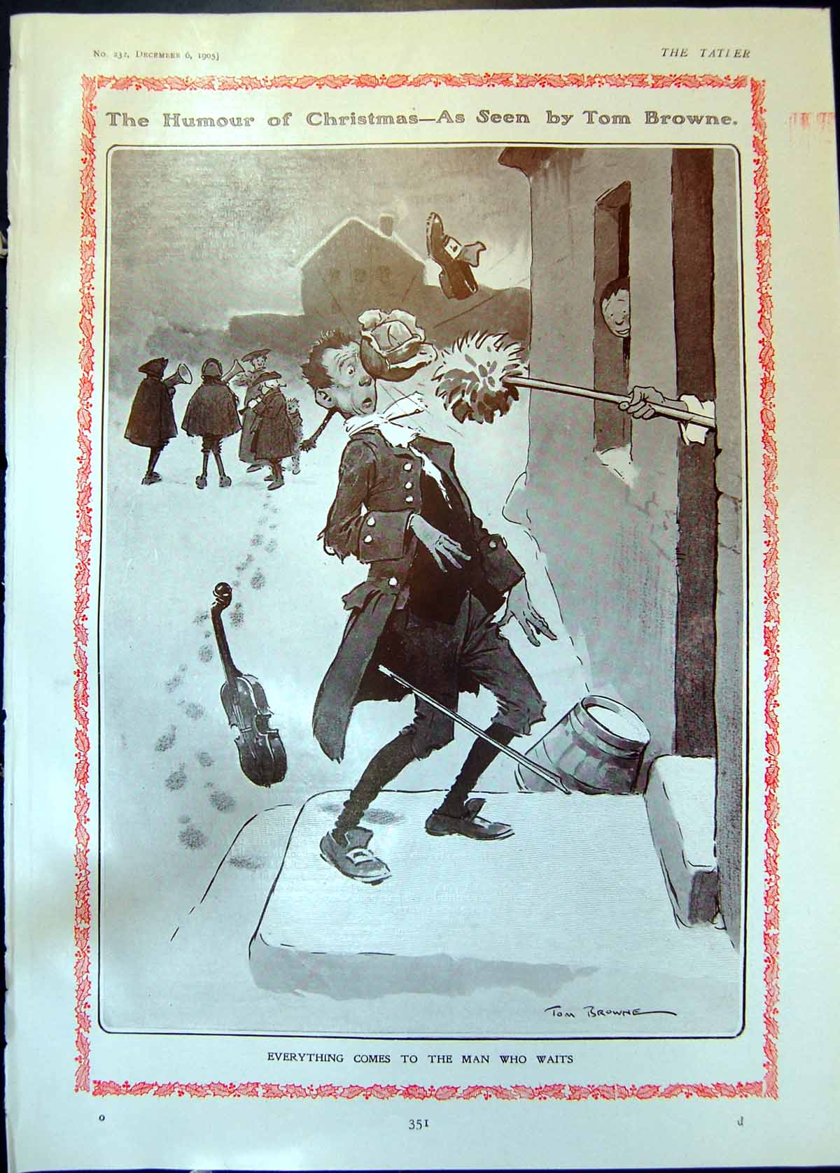 Antique Print Humour Christmas Brush Face Violinist Lady Beau Good Bye 1905